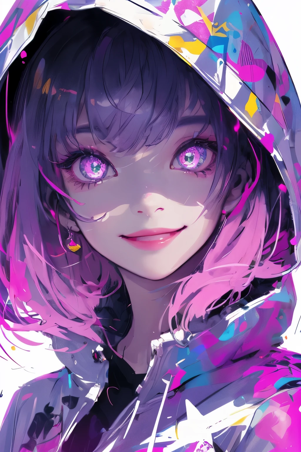 detailed background, masterpiece, Best quality, smile, Decoration, hood, portrait, neon pink, graffiti, dark, night, bright eyes, purple light