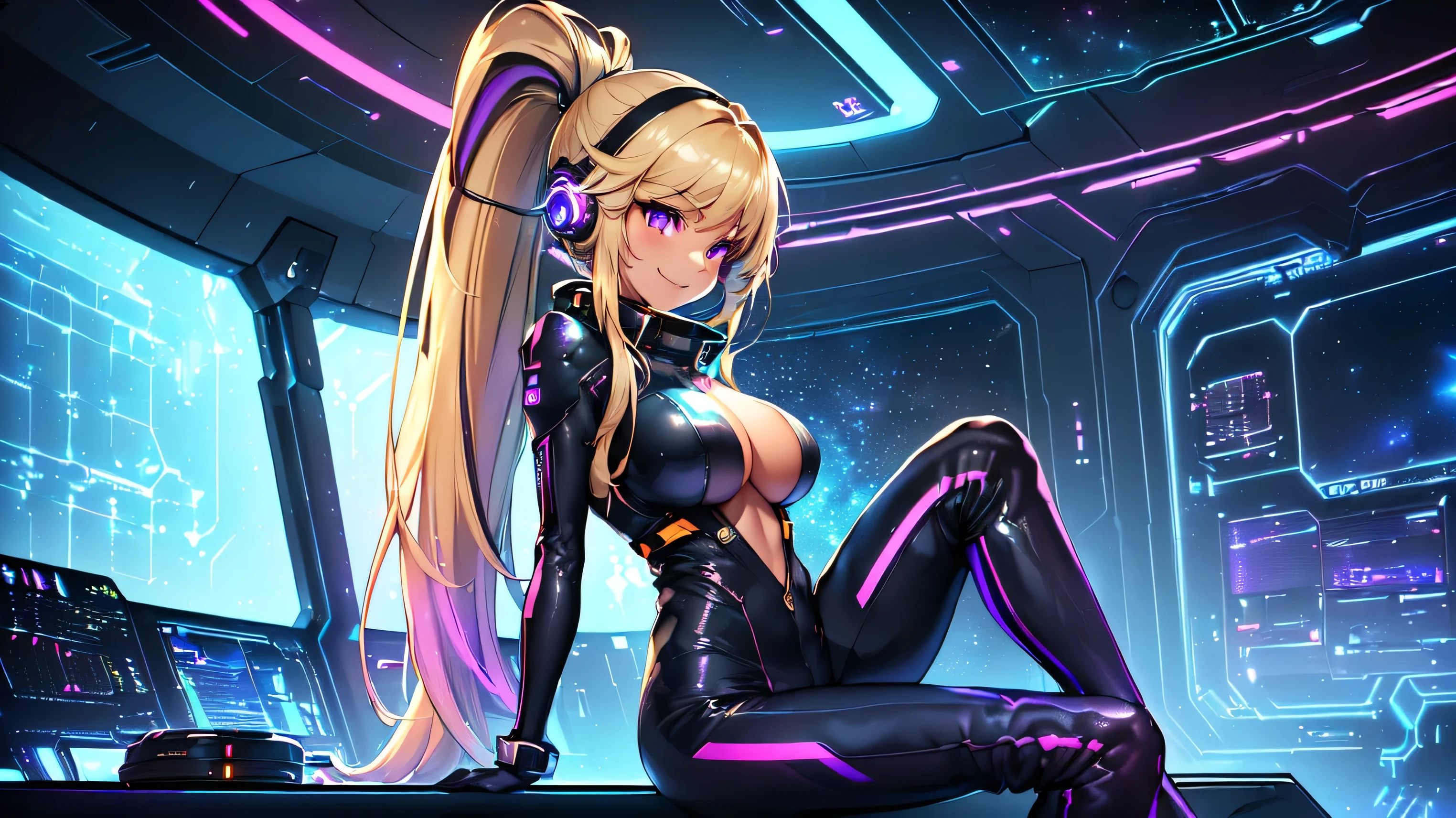 ​masterpiece:1.4, 1girl in ((20yr old, Dressed in a tight futuristic bodysuit in black and silver, long boots, huge-breasted, Multicolored blonde hair, twin ponytail, Perfect model body, Purple eyes:1.4, Wearing headphones, Flirting, Happy, Big smile, Looking out the window of the futuristic sci-fi space station、While admiring the beautiful galaxy:1.2, SFSF control room on night background:1.1, Neon and energetic atmosphere:1.2)) ((Galaxy)) ((Solo:1.6))