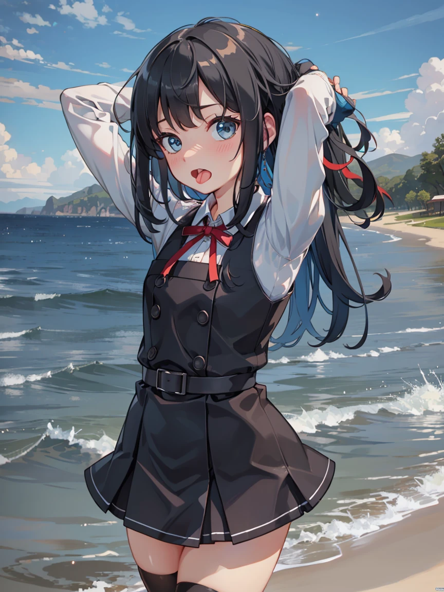 asashiokainiKC, long hair, shirt, thighhighs, long sleeves, ribbon, , neck ribbon, pinafore dress, (small breasts:1.2), (little body:1.2), (short stature:1.2), 1 little gilr , solo,
BREAK 
(sfw), (pov:1.2), (arms up, Hands above head:1.2), (bust up shot:1.2), (face focus)
BREAK
(panic:1.2), shy, (blush:1.1), (open your mouth:1.3), (wavy mouth:1.2)
BREAK
official art, best masterpiece, best quality, best resolution, 8K, best detailed, highly detailed hands, highly detailed fingers, very detailed mouth, perfect anatomy
BREAK
(sea, on the sea, sky), dust, dust, light particles, facing to viewer, , very fine and detailed 16KCG wallpapers