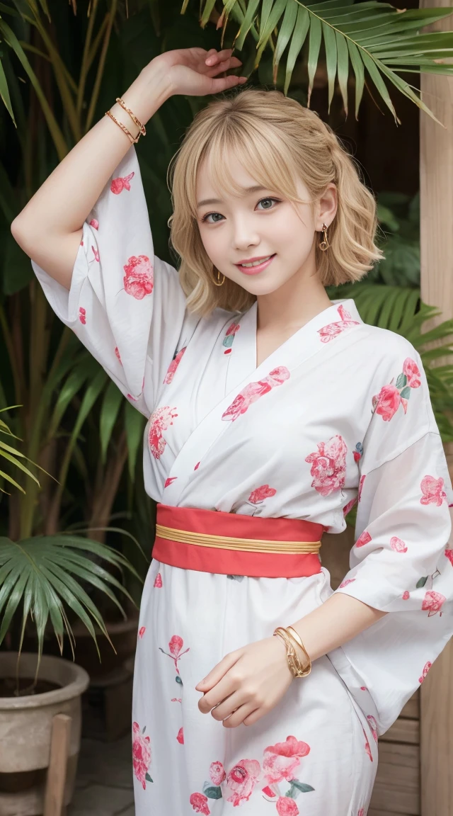 flying debris、highest quality、An illustration、highest quality、Understood、High resolution、8k wallpaper、Perfect dynamic composition、(((Ezvian Everywhere)))、((From below))、Beautiful and cute 20 year old girl、Beautiful face in every detail、Delicate and cute eyes、Fine skin、Red cheeks.、shy、(Semi-short hair:1.3)、(wavy blonde hair)、Small breasts、Bold sexy pose、smile、Small breasts、Between the legs、Small Ass、Thin ass、Generate it on the eaves.、Narrow shoulders、wavy blonde hair、blonde、Heart-shaped earrings、smile、、Gold bracelet、garden、So you can see all the way to your feet、Summer festival、In Yukata、Wear a yukata with a large floral pattern、Tie your hair back、