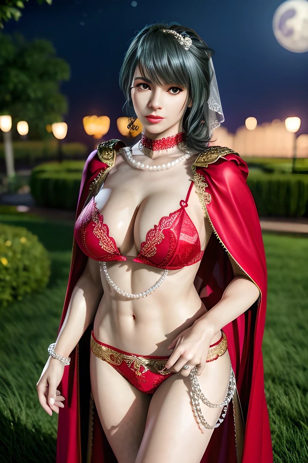 1 girl,lean over WINK,(Wearing Wedding Dress:1.2) ,(Wearing Jewel:1.2) ,( red lace_cloak:1.3),(Fluffs :1.4),(pearl bodychain:1.3),garden,nighttime,moon,( huge breasts ),cleavage,shiny skin,lip gloss,tattoos, masterpiece, best quality, realistic ,Surrealism,Rich artistic colors,natural colors art in 8k,3D,Portrait art,solo, tamaki