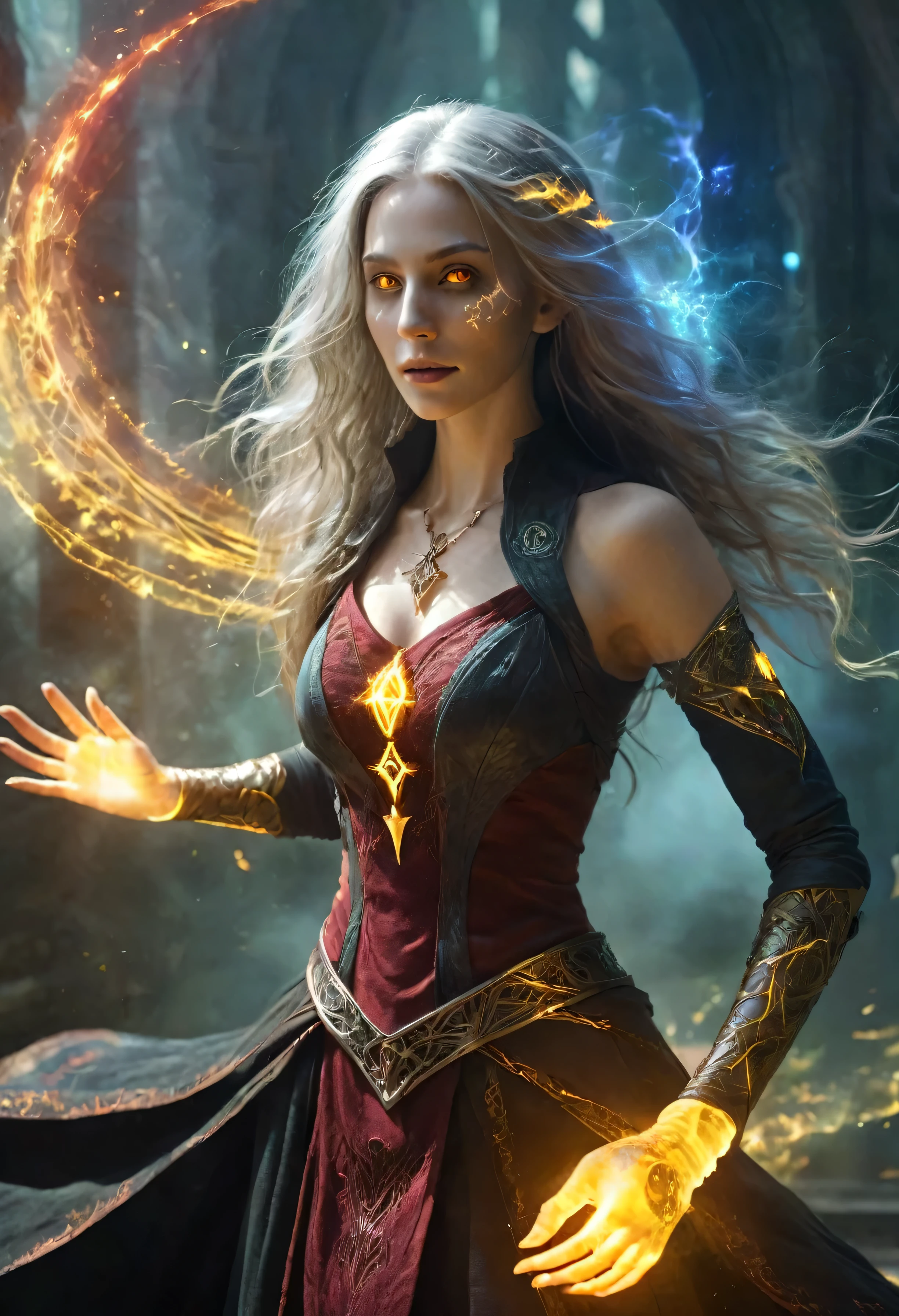 1 girl,adult (elven:0.7) woman,freckles,yellow eyes,gray long hair, full body, 
solo,half shot,looking up,detailed background,detailed face,(glowing eyes:1.05),summoner,unholy,intricate necromancer clothes,amulet,conjuring,movement,evil smile,ritual,pentagram,surrounded by dark  dark magical inscriptions,red swirling summoning energy,(style-swirlmagic:0.7),calling forth evil power,tower background,dark glowing aura,ethereal atmosphere,magic fire,magic array,magic fire, magic sword