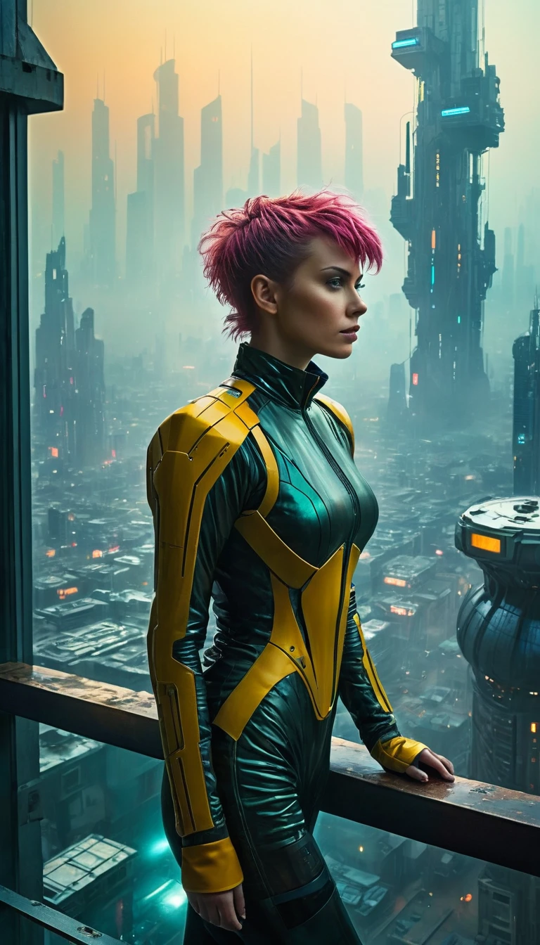 abstract colors, texture, film grain, skin pores:0.1 intricate dramatic portrait of a beautiful windblown scifi scientist standing on a balcony overlooking a futuristic (solarpunk)1.2 city, foggy morning, cinematic movie still frame, blade runner 2049, punk hair style, altered carbon, (analog style)1.3 (film grain)1.3, stephan martiniere Wadim Kashin Simon Stalenhag michal karcz ismail inceoglu, Cinematic Hollywood Film style