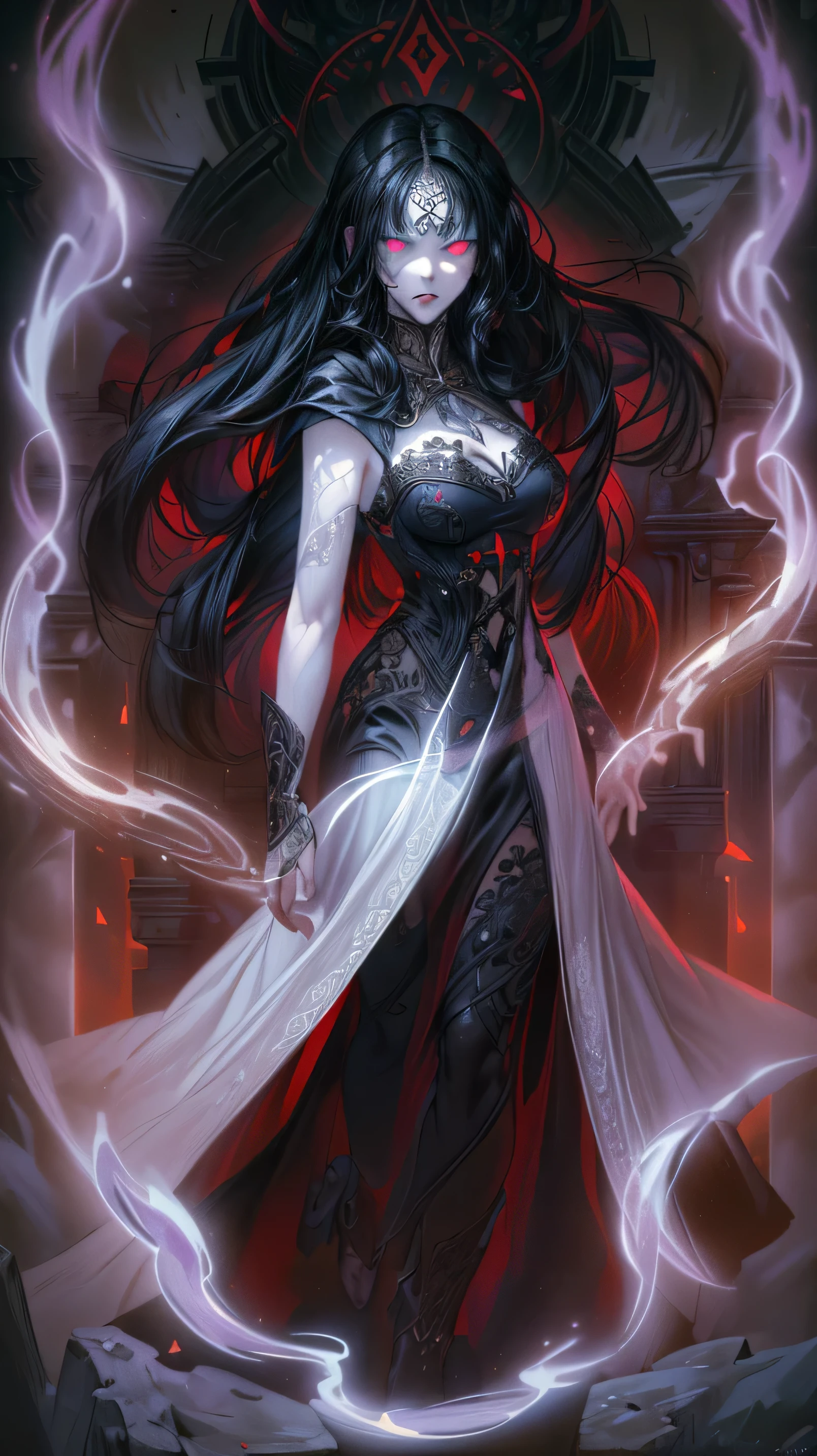 high details, best quality, 16k, [ultra detailed], masterpiece, best quality, (extremely detailed), dynamic angle, ultra wide shot, photorealistic, fantasy art, dnd art, dark fantasy art, realistic art, gothic art, GlowingRunes_red, Glowing Purple,  an ultra wide, full body (intense details, Masterpiece, best quality: 1.5), picture of a female human (1.5 intricate details, Masterpiece, best quality) priestess of death ((pale white magical aura)), controlling a swirling magic (intense details, Masterpiece, best quality: 1.5), manipulating magical sigils (intricate details, Masterpiece, best quality: 1.5), human female, black  hair, pale skin,  long black hair with pale white aura, black hair with pale touch, azure eyes, pale eyes, intense eyes,  ((glowing eyes: 1.5)), black dress (intense details, Masterpiece, best quality: 1.5), red cloak (intense details, Masterpiece, best quality: 1.5), high heeled boots, (intense details, Masterpiece, best quality: 1.5), fantasy dark temple background, ((death worship atmosphere)), high details, depth of field (intense details, Masterpiece, best quality: 1.5),best quality, highres, ultra wide angle