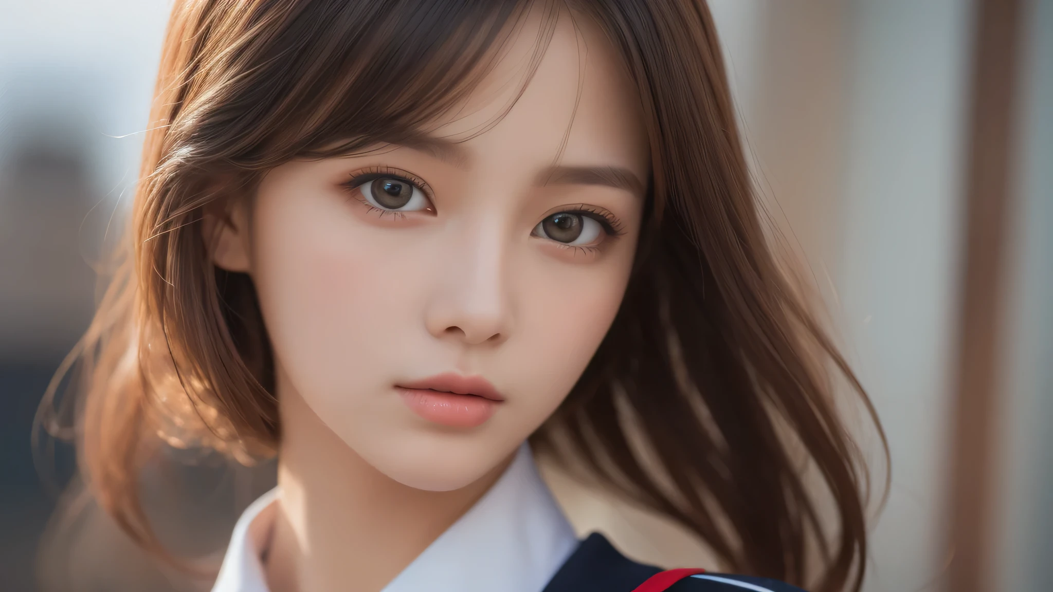 (2girl:1.3), (extremely detailed beautiful face), (highly detailed eyes, highly detailed face), (high school uniform), Fresh, very clean appearance, (best Quality:1.4), (hyper-realistic, hight resolution), Professional Photography, standing, Outdoors, Close up portrait of girl, staring at me, (Fine face:1.2), (big breasts:1.2), bob hair,