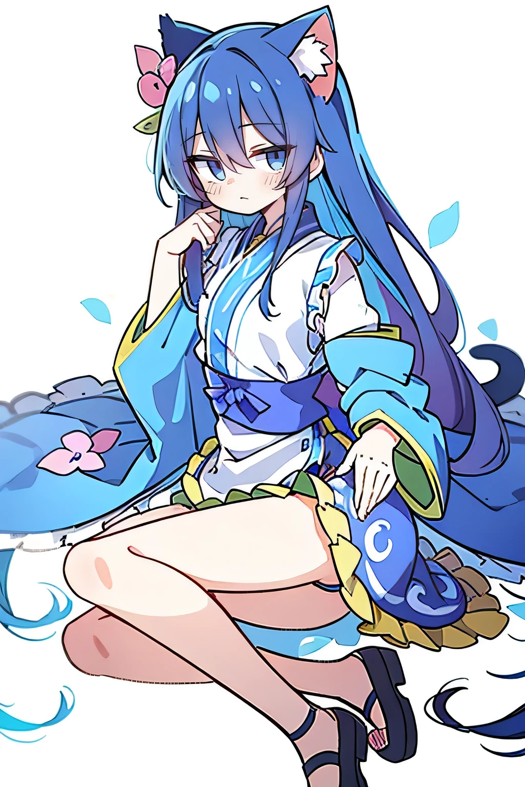 （masterpiece：1.2），Super detailed，lifelike，Expressive eyes，fair skin，perfect face shape，1 girl，
Japanese comics,Gorgeous blue hair,flowing blue hair,flowing clothes,Cat ears,Petals fall,beautiful lola,Baby Angel,
Shaking head with one hand，Lying gracefully on the ground，Cross your legs，Gentle and peaceful background，The pavilion is cool and comfortable,smile.