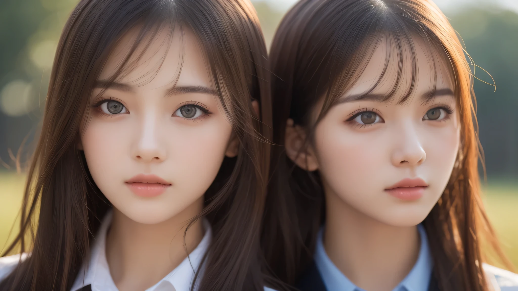 (2girl:1.3), (extremely detailed beautiful face), (highly detailed eyes, highly detailed face), (high school uniform), Fresh, very clean appearance, (best Quality:1.4), (hyper-realistic, hight resolution), Professional Photography, standing, Outdoors, Close up portrait of girl, staring at me, (Fine face:1.2), (big breasts:1.2), bob hair,