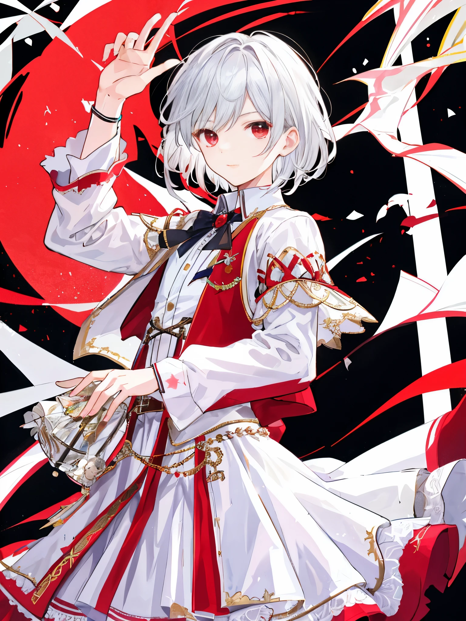 a boy, idol costume, young man, medium hair, silver hair, scarlet red eyes, dress, white skirt