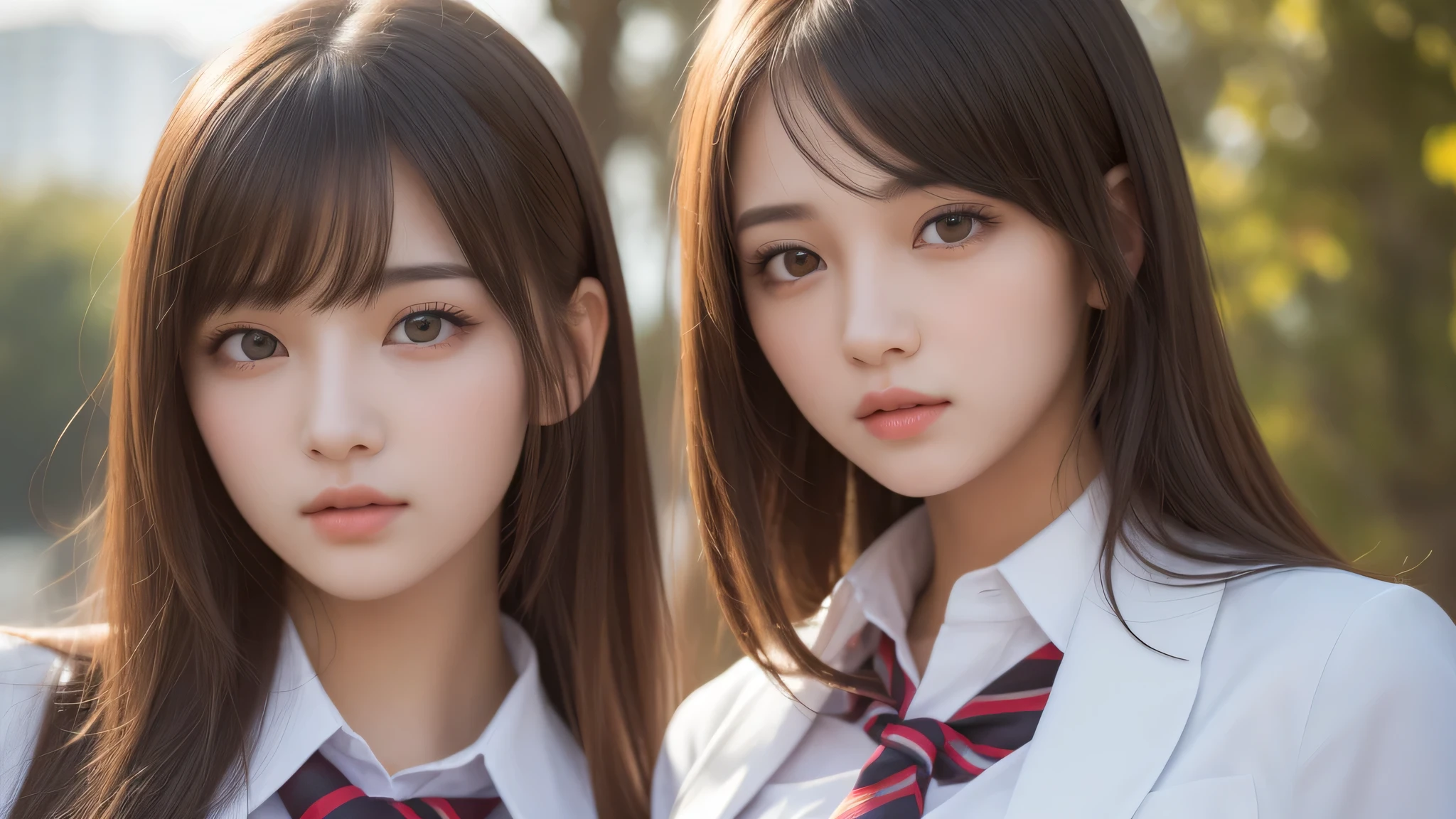 (2girl:1.3), (extremely detailed beautiful face), (highly detailed eyes, highly detailed face), (high school uniform), Fresh, very clean appearance, (best Quality:1.4), (hyper-realistic, hight resolution), Professional Photography, standing, Outdoors, Close up portrait of girl, staring at me, (Fine face:1.2), (big breasts:1.2), bob hair,