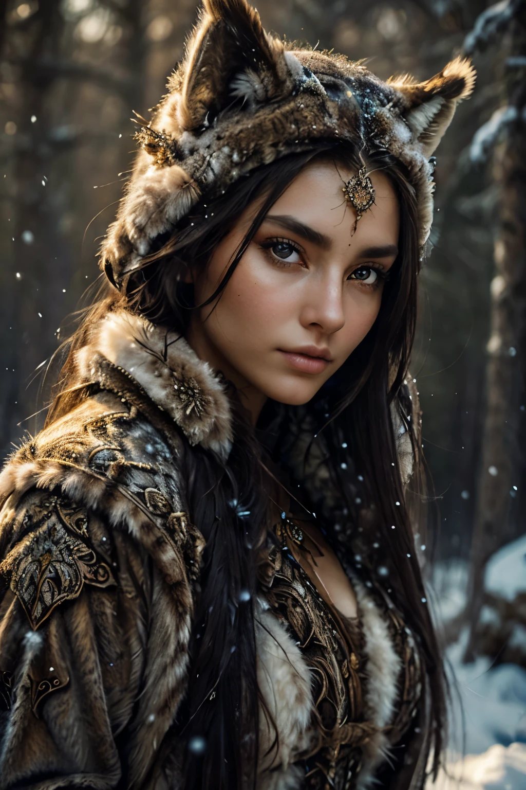 Amidst the serene yet chilling winter valley, a beautiful huntress with big, soulful owl companions stands, gazing towards the camera with a cynical, dramatic pose. Dressed in animal furs and adorned with intricate, highly detailed hunting gear, she embodies a sense of fierce determination.

Her face is a masterpiece of nature, a delicate balance of smooth skin and sharp features, with expressive, detailed eyes that hold an intense gaze. Each strand of her cascading, smooth hair is rendered in sharp focus, as if to capture every last nuance of its texture.

The environmental light bathes her form in a soft, tender glow, illuminating her