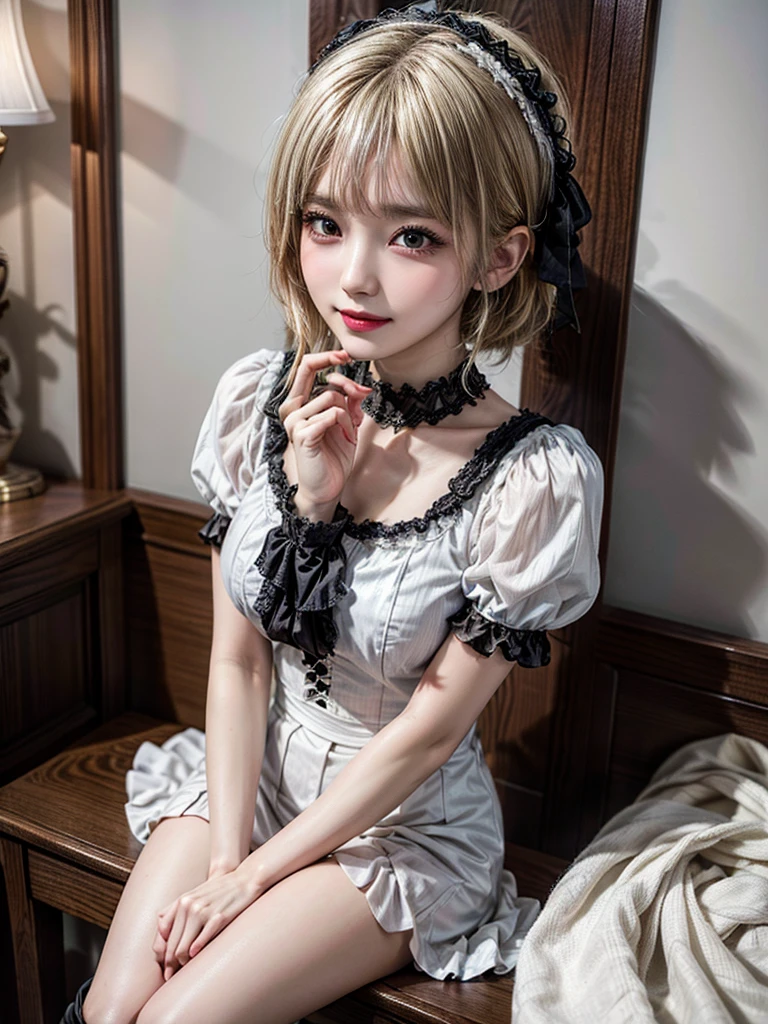 (8K, Photorealistic, Raw photo, of the highest quality: 1.3), (1girl in), Super beautiful, (Realistic face), (boyish, Silver Color Berry Shorthair), Beautiful , Glare that captivates the viewer, Beautiful expression, Beautiful breasts, (Realistic skin), Be...Super high quality, super high definition, super detailed, masterpiece, 20years old, female, cute, perfect face, beautiful, nice body, gothic lolita clothes, gothic lolita fashion, frilly skirt, headdress, necklace, bracelet, knee-high socks, boots, double eyelids, tear bags, Detailed down to the fingers, photo-like description, indoors, dim indoor lighting, blonde hair, short bob, standing, whole body, composition that shows the whole body, smiling