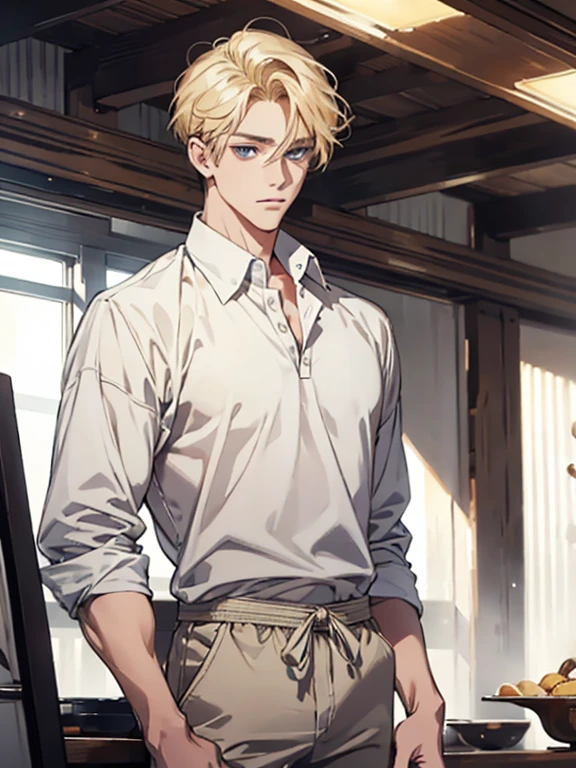 (1 man), solo, detailed eyes, {{{masterpiece}}}, {{{best quality}}}, {{ultra-detailed}}, {illustration}, {detailed eyes}, {detailed light}, {waist up}, subject: [1 male, 30 years old, solo, adult, tall, very handsome, popular, hair (short, blonde), blue eyes, slightly muscular], modern attire (casual clothes, comfortable clothing)