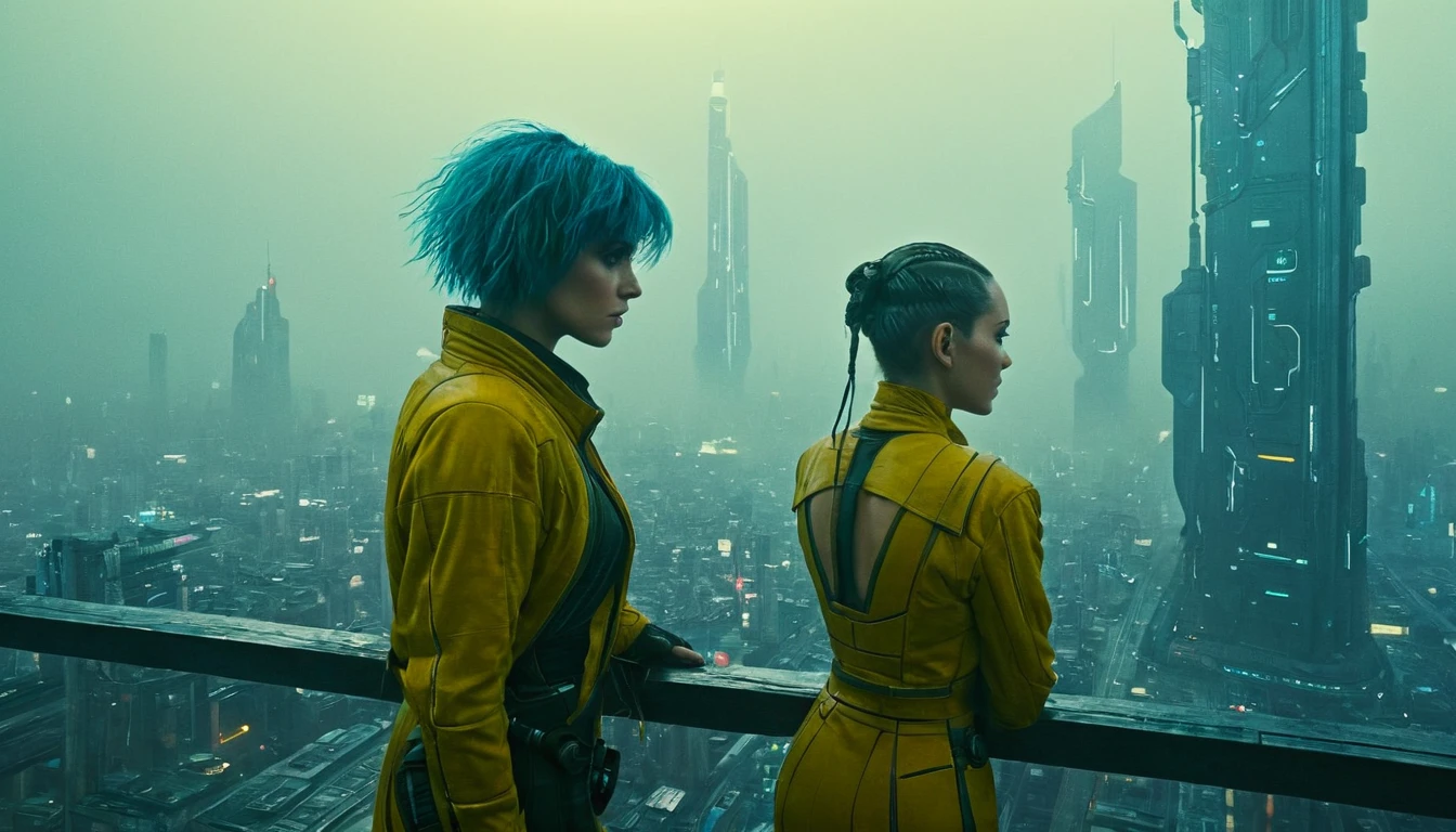 abstract colors, texture, film grain, skin pores:0.1 intricate dramatic portrait of a beautiful windblown scifi scientist standing on a balcony overlooking a futuristic (solarpunk)1.2 city, foggy morning, cinematic movie still frame, blade runner 2049, punk hair style, altered carbon, (analog style)1.3 (film grain)1.3, stephan martiniere Wadim Kashin Simon Stalenhag michal karcz ismail inceoglu, Cinematic Hollywood Film style, Cinematic Shot