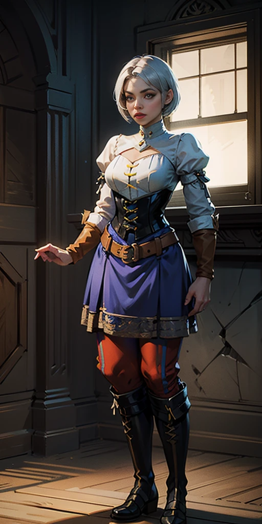 female adventurer white silver short bob hair cut, full body, game art style, (masterpiece), colorful clothing, scarves, leather belts, half skirt over pants and boots, flowing blouse and leather corset, best quality, highres, 4k, 8k, Detailed Illustration, intricate detail, cinematic lighting, amazing quality, 1girl, fit female, amazing shading, soft lighting, facing camera, perfect eyes