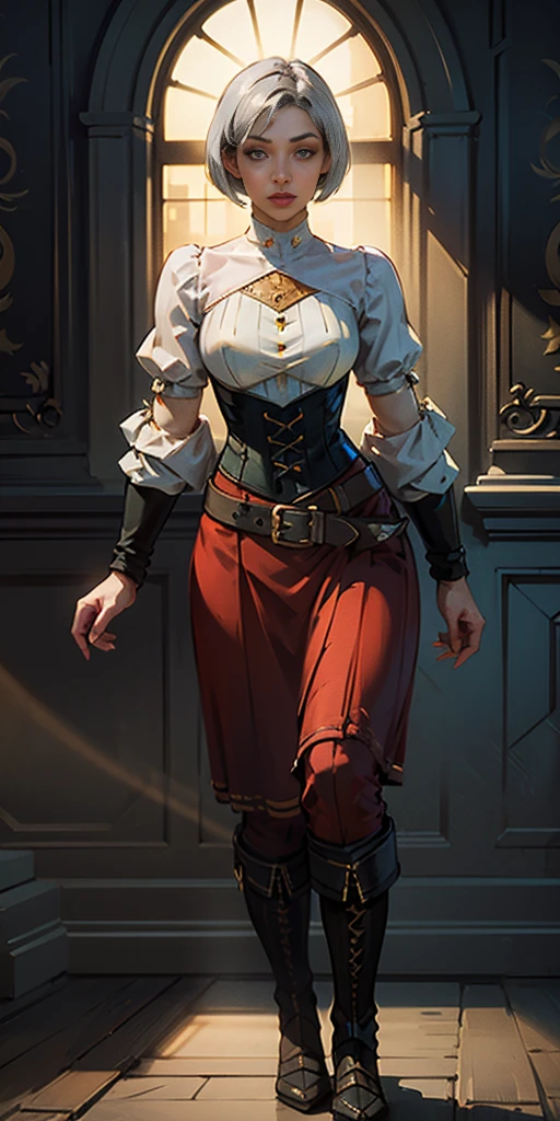 female adventurer white silver short bob hair cut, full body, game art style, (masterpiece), colorful clothing, scarves, leather belts, half skirt over pants and boots, flowing blouse and leather corset, best quality, highres, 4k, 8k, Detailed Illustration, intricate detail, cinematic lighting, amazing quality, 1girl, fit female, amazing shading, soft lighting, facing camera, perfect eyes