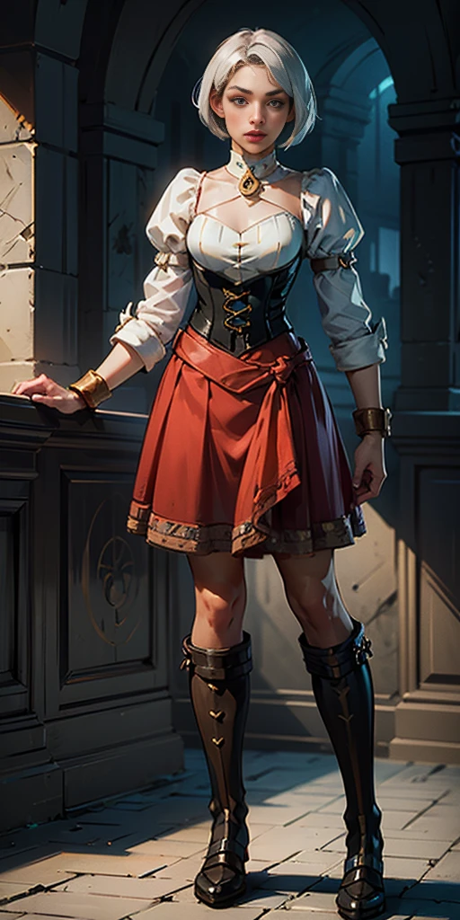 female adventurer white silver short bob hair cut, full body, game art style, (masterpiece), colorful clothing, scarves, leather belts, half skirt over pants and boots, flowing blouse and leather corset, best quality, highres, 4k, 8k, Detailed Illustration, intricate detail, cinematic lighting, amazing quality, 1girl, fit female, amazing shading, soft lighting, facing camera, perfect eyes