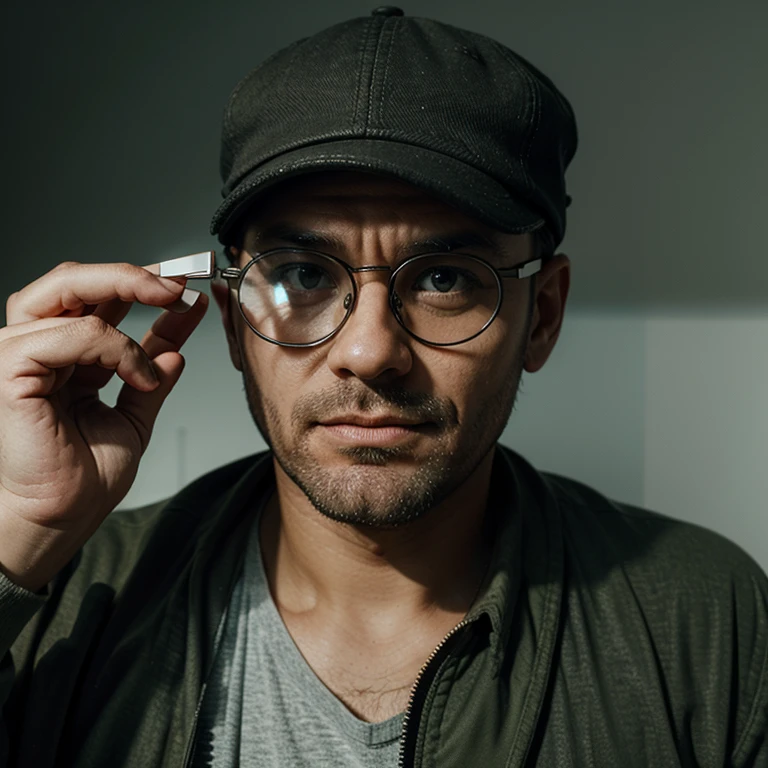 Thick glasses on the nose of a rather ugly guy with a cap and magnifying glasses, huge glasses, absolutely massive, bulletproof glass, glasses snake 1% Sehleistung