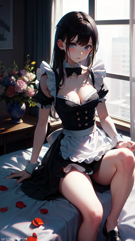 masterpiece, highest quality, One Girl, Thighs, beautiful girl, Flowers, Lots of small petals, Small waist, Official Art, RAWphotograph,The needle is accurate、Face Light, Dynamic Lighting, Cinema Lighting, Ultra-realistic, High resolution, photograph, Sharp focus, Highly detailed eyes and face,Symmetrical face, whole body、Large Breasts、Long Hair、チラリと見えるThighs、Beautiful cleavage、Maid、Black shoes、Beautiful legs、Embarrassed
