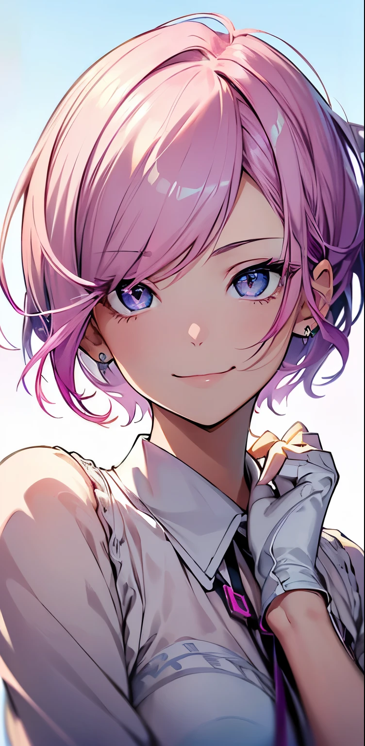 Realistic、1girl、fluorescence　pink hair、blue eyes、(eye focus:1.3,face focus:1.3,upper body:1.5),(gradient eyes:1.3),(blouse)、smiley face,laugh with your mouth wide open,(happy:1.3),short hair、cute face,portrait,
