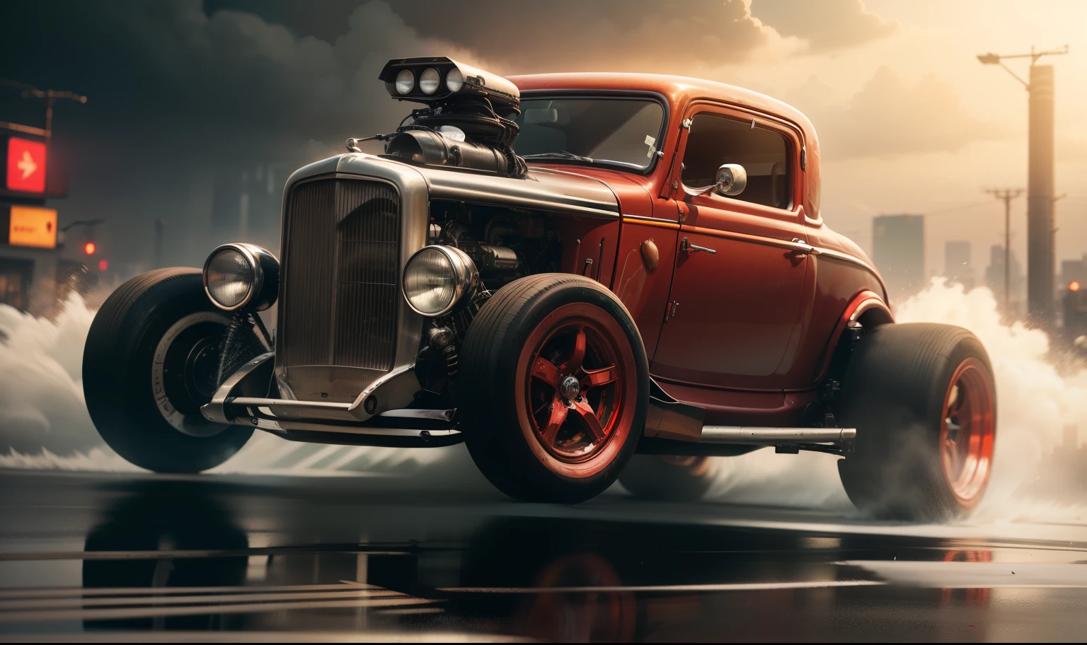 Um carro Ford 1932 Hot Rod corre pela pista molhada e reflexiva, Spreading water on all sides of a cyberpunk city. The city is full of neon lights, nevoeiro e alto, angular buildings. The car is black and red and has an aggressive and elegant appearance. The wheels are big and shiny and the tires are full of grooves. The body of the car is aerodynamic and has many straight and angular lines. The car is going very fast and the wind is blowing hard through the driver's hair. The city lights are flashing and fog is moving down the runway. The car is in a world of its own speed and power