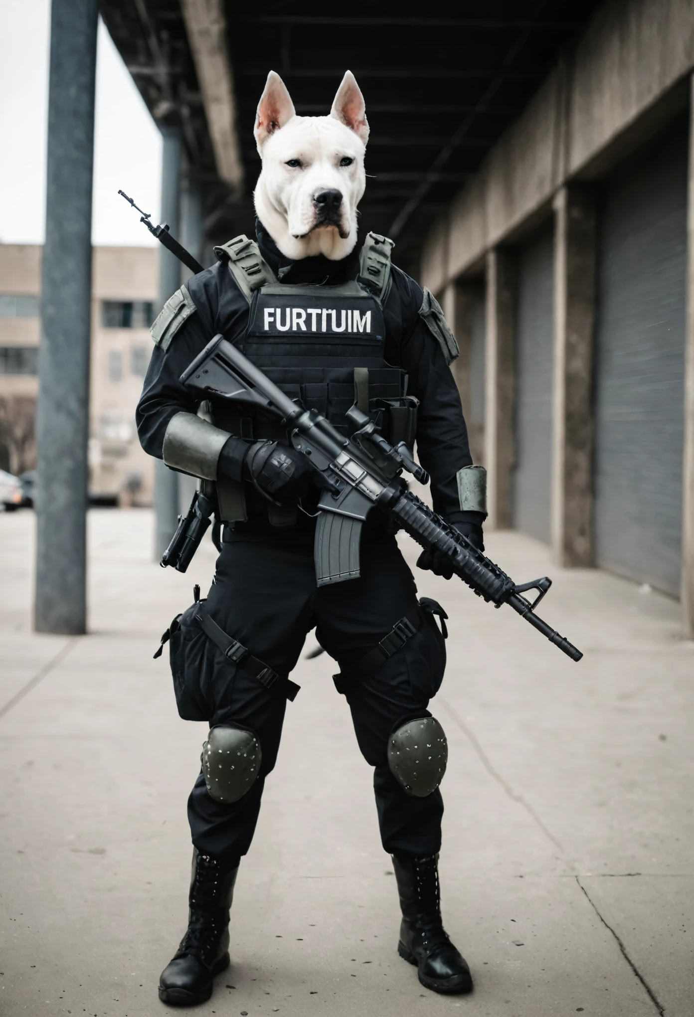 A captivating photo of an (anthropomorphic dogo soldier:1.3), (standing tall:1.2), with (sharp uniform:1.1), (bulletproof vest:1.1), (badge of authority:1.1), (tactical gear:1.1), holding a (military-grade assault rifle:1.2), (canine ears:1.1), (intense gaze:1.1), (muscular physique:1.1), (protective posture:1.1), (battle-scarred face:1.1), (gritty urban environment:1.2), (high-stakes scenario:1.1), (power dynamics:1.1), (perspective:1.1), (Fujifilm X-T4, 1/250s, f/5.6, ISO 1600, film-like grain, black and white, crisp focus).