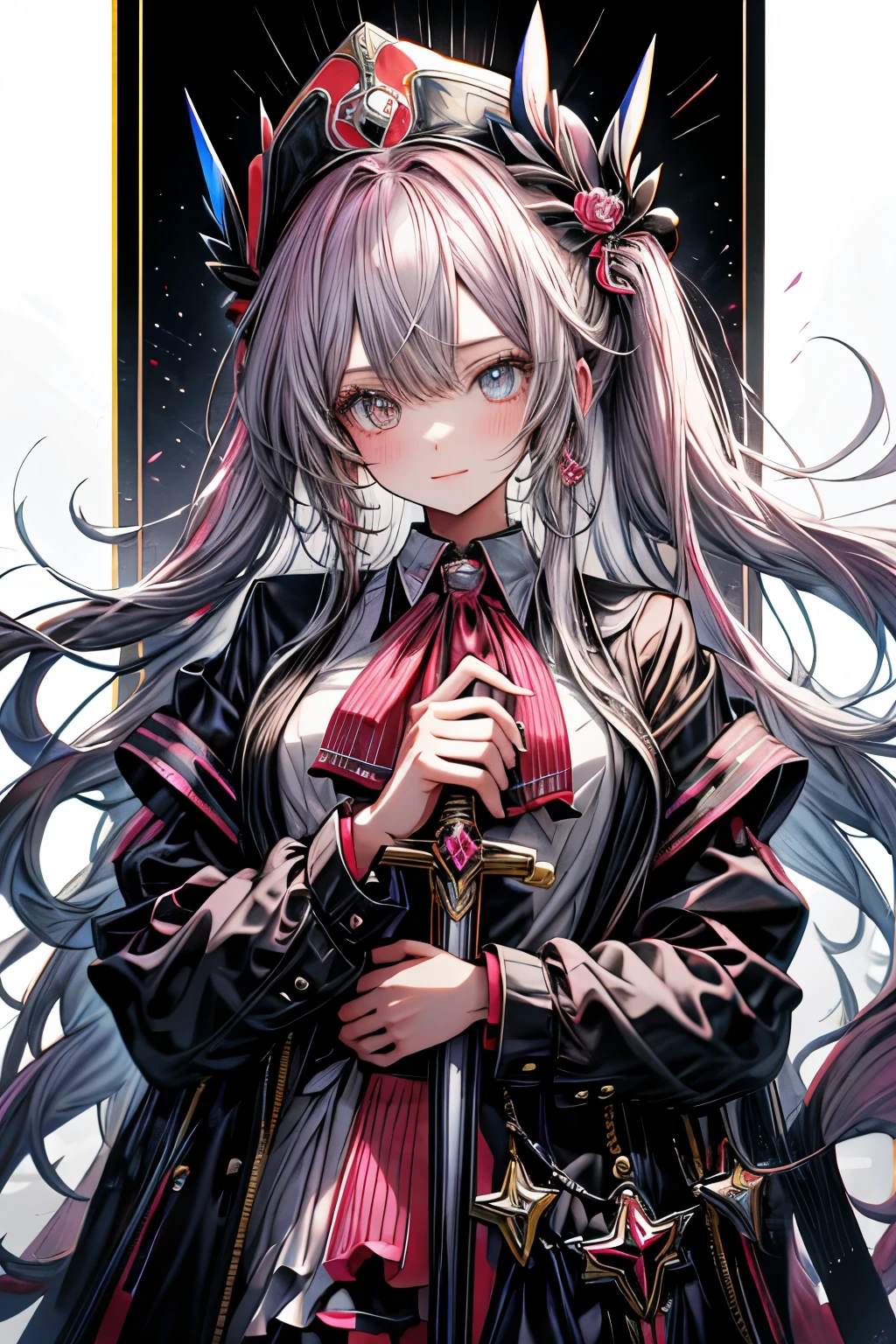 girl、Pink Long Hair、Twin tails、Big pink eyes、Black blazer、Red tie、、black and white plaid skirt、hat、Long Hair、Long Hair、Sparkling eyes、Fair skin、smile、Holding a large sword in his right hand、Cowboy Shot、(((masterpiece))), (best quality), (ultra detail), (very_high_resolution), (large_filesize), (full color)