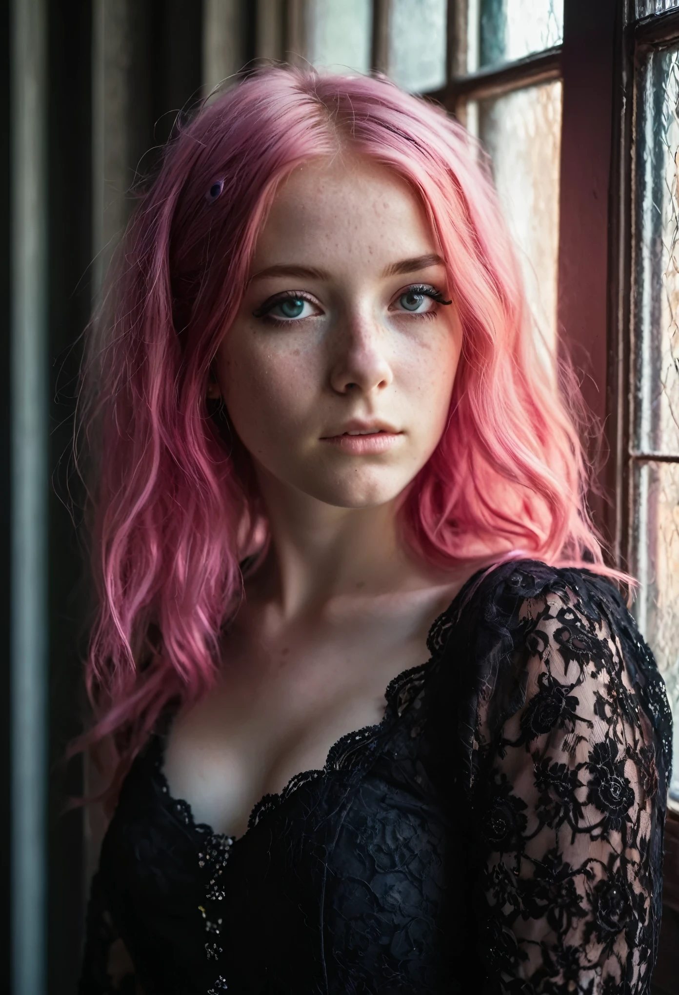An ultra-detailed photo portrait of a (gothic girl with pink hair:1.3) and (freckles:1.2), hit by a (ray of sun from a window:1.1), dramatic contrast, intricate lace details, deep shadows, vibrant highlights, soft textures, Canon EOS 5D Mark IV, 1/320s, f/1.8, ISO 100, high fidelity, crystal-clear sharpness, moody atmosphere, ethereal glow, delicate interplay of light and shadow, captivating gaze, rich color palette, artistic expression, emotional resonance.