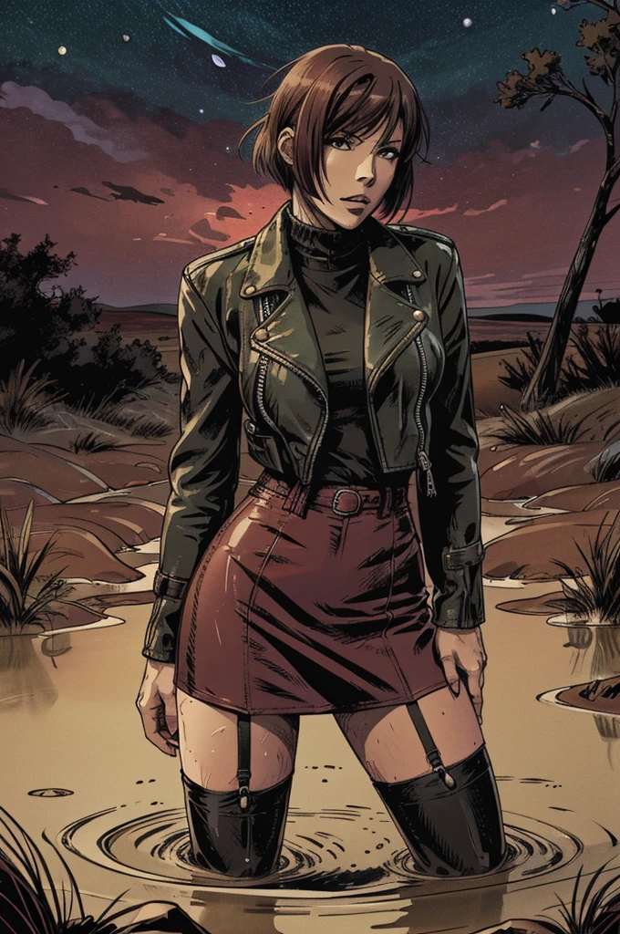 vector image, anime, mature bob-cut woman, gloomy orgasm, leather biker jacket and pencil skirt and stockings, drowning in the middle of quicksand bog, green,red,night sky, photosession pose