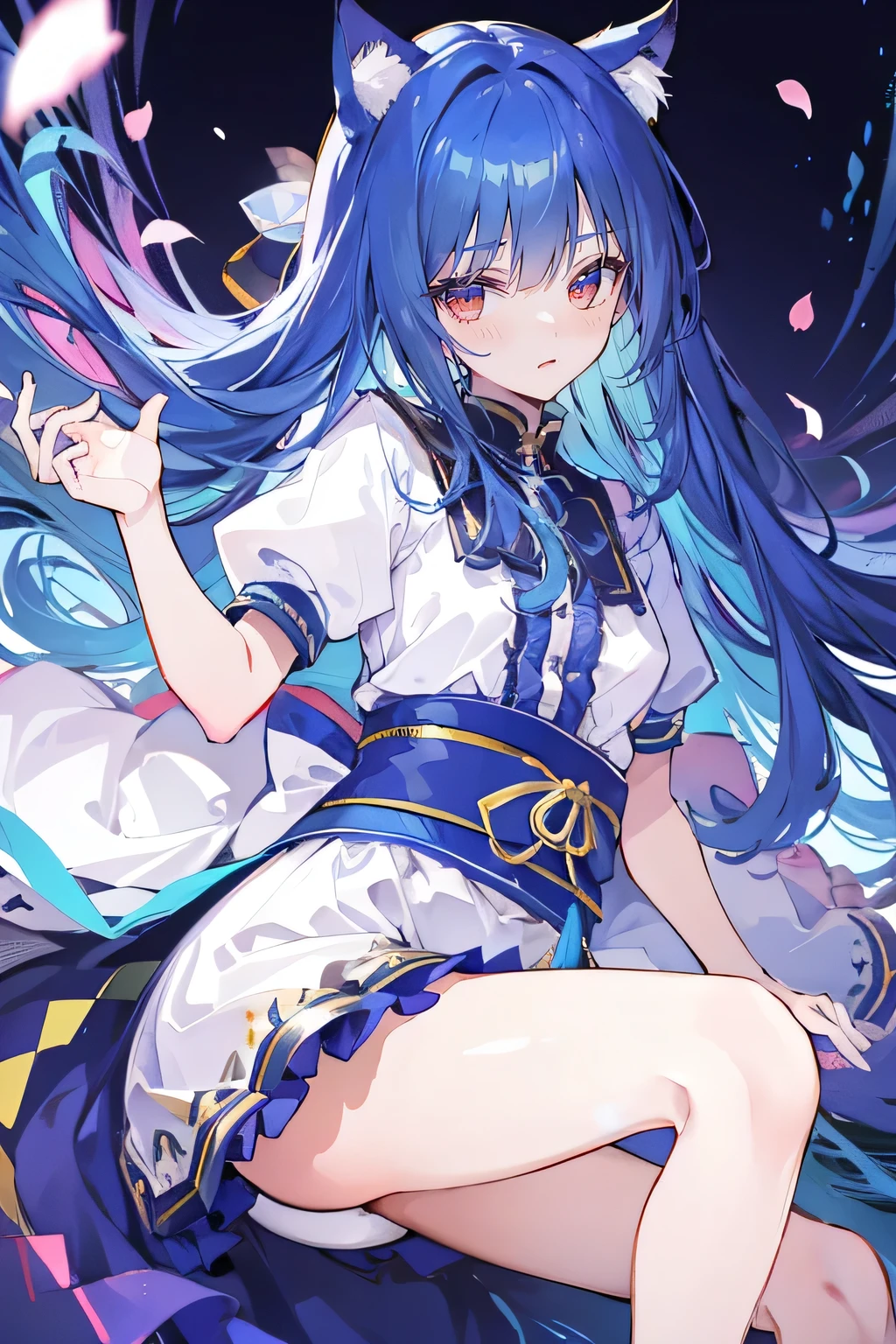 (masterpiece:1.2),Super detailed,lifelike,Expressive eyes,fair skin,perfect face shape,1 girl,
Japanese comics,Gorgeous blue hair,flowing blue hair,flowing clothes,Cat ears,Petals fall,beautiful lola,Baby Angel,
Shaking head with one hand,Lying gracefully on the ground,Cross your legs,Gentle and peaceful background,The pavilion is cool and comfortable,smile.