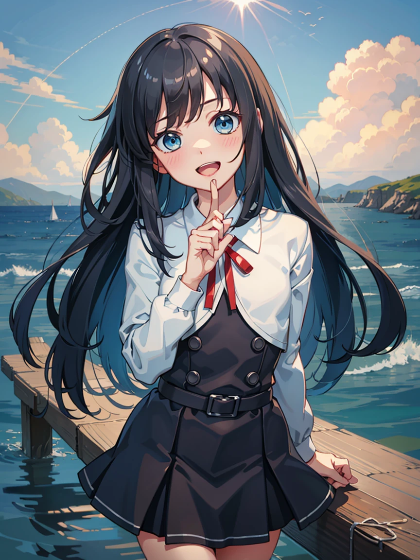 asashiokainiKC, long hair, shirt, thighhighs, long sleeves, ribbon, , neck ribbon, pinafore dress, (small breasts:1.2), (little body:1.2), (short stature:1.2), 1 little gilr , solo,
BREAK 
(sfw), , head tilt, puff out your chest, put hand on breast
BREAK
(smile), blush, (open your mouth:1.3), happy
BREAK
official art, best masterpiece, best quality, best resolution, 8K, best detailed, highly detailed hands, highly detailed fingers, very detailed mouth, perfect anatomy
BREAK
(sea, on the sea, sky), dust, dust, light particles, facing to viewer, , very fine and detailed 16KCG wallpapers