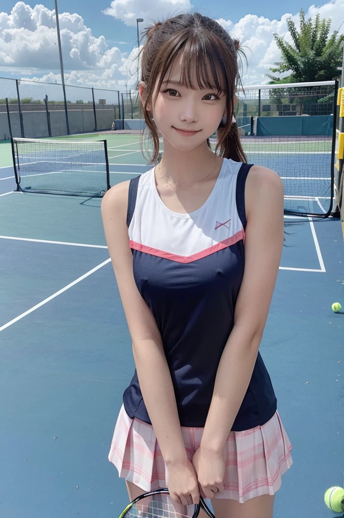 high quality, highres, 1080P, HD, 8k pretty woman, 1girl, (young,1 person）,（girl, 21 years old), Smiling face, Brown Hair, ponytail, Pink ribbon,Cute face, (((Outdoor, Tennis court))）, ((Sleeveless tennis uniform)))、Pose with a racket、