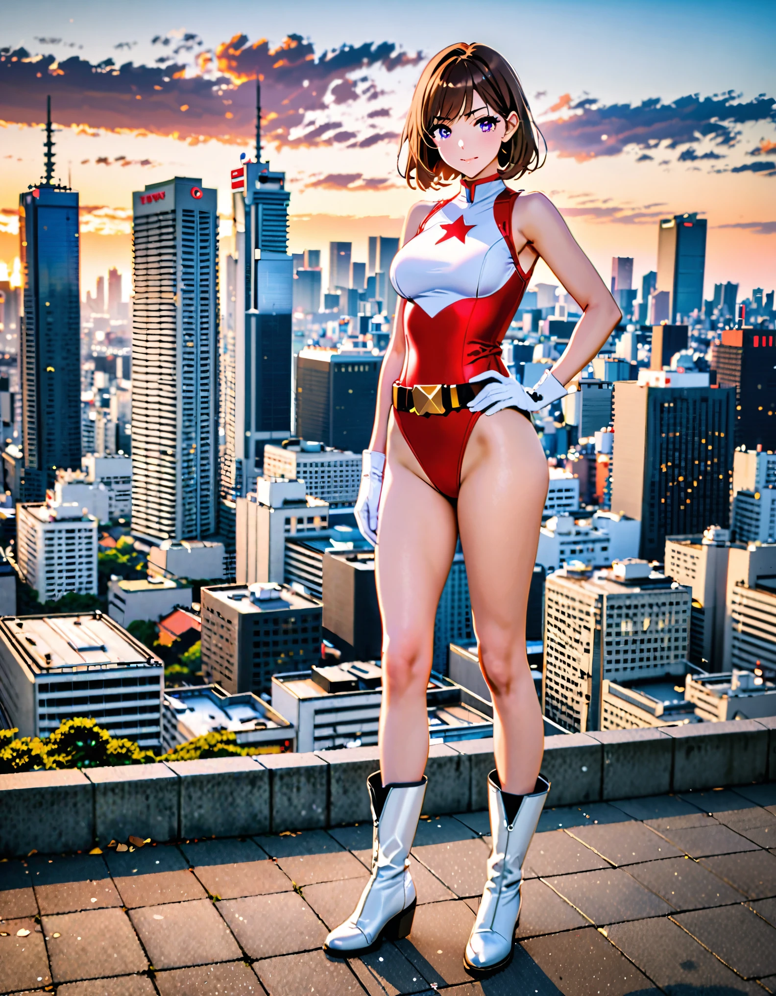 (masterpiece), (best quality), (high res), medium breasts, ((leotard, white and red leotard, matching leotard, sleeveless, bare legs)), ((tight belt, gold belt)), ((boots, matching boots, ankle-high boots, white boots)), ((gloves, white gloves)), city backdrop, tokyo city backdrop, solo, single, hands on hip, standing, ((full body shot)), cowboy shot, superhero, ((beautiful detailed eyes)), (gold star symbol on chest), (brown hair, medium hair, bob hair, purple eyes), (perfect anatomy). full body costume design.