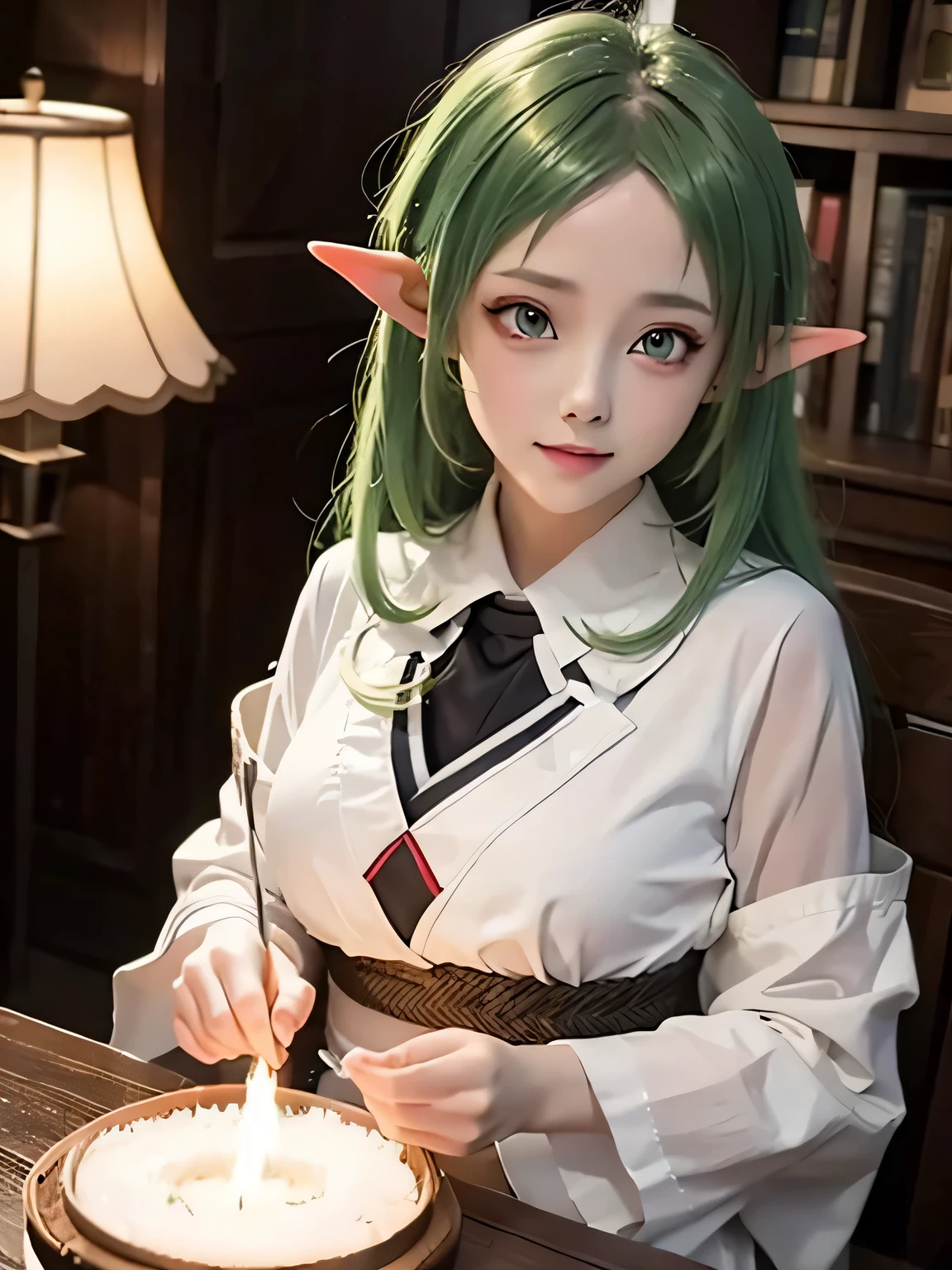 1girl, Sylphiette from mushoku tensei, green eyes, pretty , smile, elf, green hair , castingmagic water,  white grey clothes, realistic clothes, detail clothes, village background, holding a wand , blood splatter, depth of field, night, red light particles, light rays, sid e lighting ,Best Quality, High resolution, extremely detailed , 8K, Highly realistic, Ultra-realistic, photos realistic