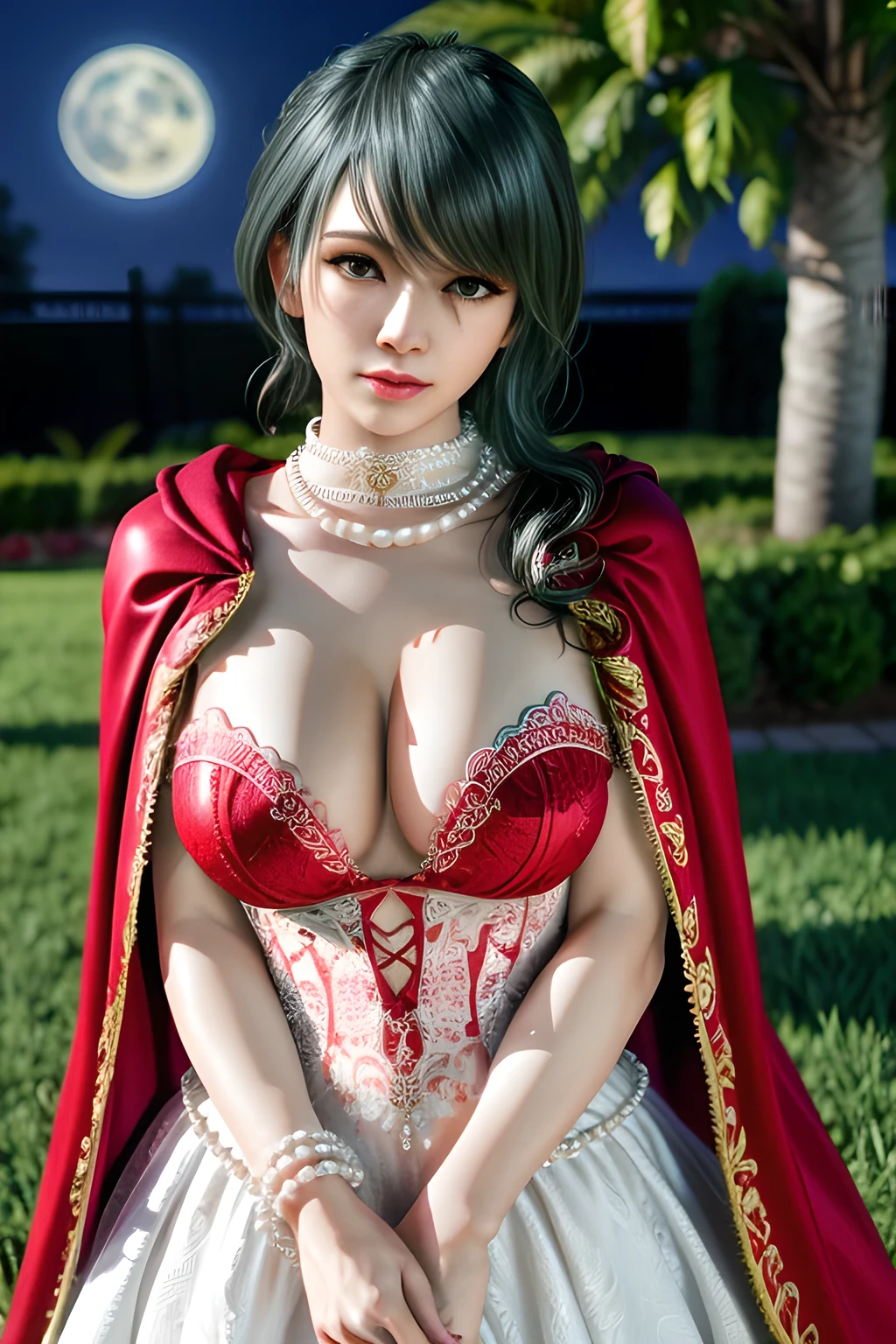 1 girl,lean over WINK,(Wearing Wedding Dress:1.2) ,(Wearing Jewel:1.2) ,( red lace_cloak:1.3),(Fluffs :1.4),(pearl bodychain:1.3),garden,nighttime,moon,( huge breasts ),cleavage,shiny skin,lip gloss,tattoos, masterpiece, best quality, realistic ,Surrealism,Rich artistic colors,natural colors art in 8k,3D,Portrait art,solo, tamaki