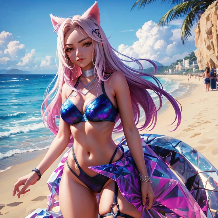 K/DA All Out Ahri, bem detalhado, Bikini, na praia, mostrando o corpo todo, bastante sensual, durante o por do sol, com sua calda bastante chamativa.