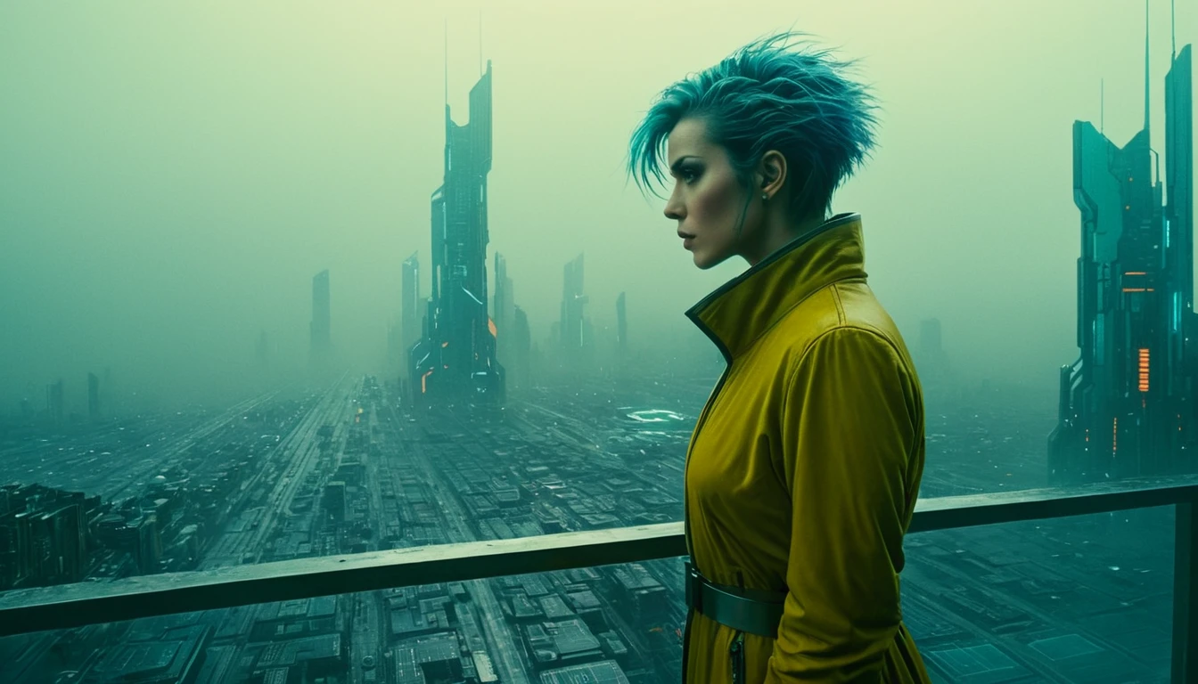 abstract colors, texture, film grain, skin pores:0.1 intricate dramatic portrait of a beautiful windblown scifi scientist standing on a balcony overlooking a futuristic (solarpunk)1.2 city, foggy morning, cinematic movie still frame, blade runner 2049, punk hair style, altered carbon, (analog style)1.3 (film grain)1.3, stephan martiniere Wadim Kashin Simon Stalenhag michal karcz ismail inceoglu, Cinematic Hollywood Film style, Cinematic Shot