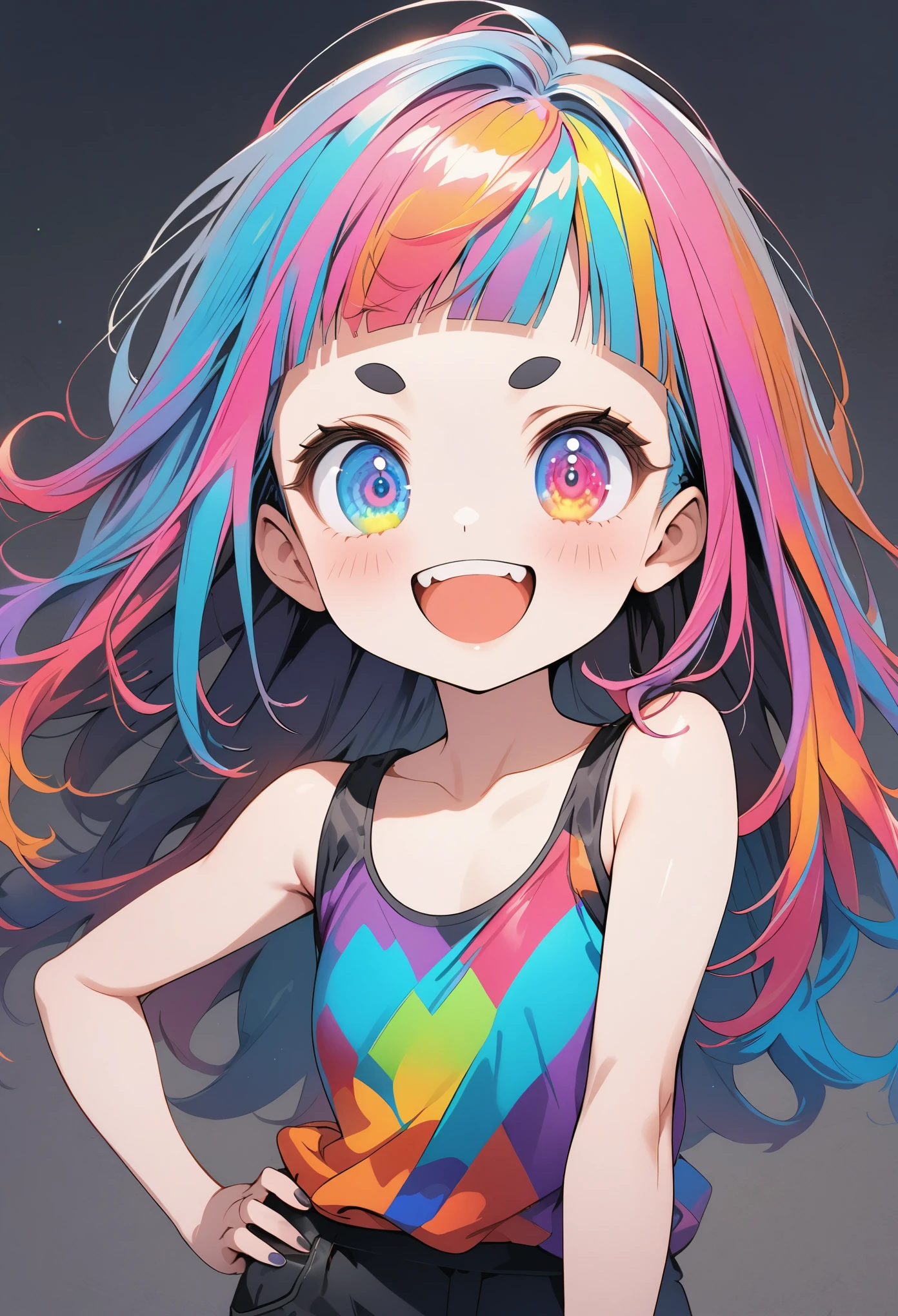 ((Masterpiece)), ((best quality)), (illustration:1.4), (High Definition:1.3), (Professional Photography:1.3), ((12 years old)), cute young Girl, Glossy unruly hair, (loose blunt bangs), colorful hair, long hair, big eyes, (long eyelashes), ((Thin and short eyebrows)), colorful eyes, (cute smile), open mouth, jagged teeth, joy, (cute tanktop), barearms, cute, (place hand to hip), (colorful:1.3), gothic makeup, (simple concrete background),