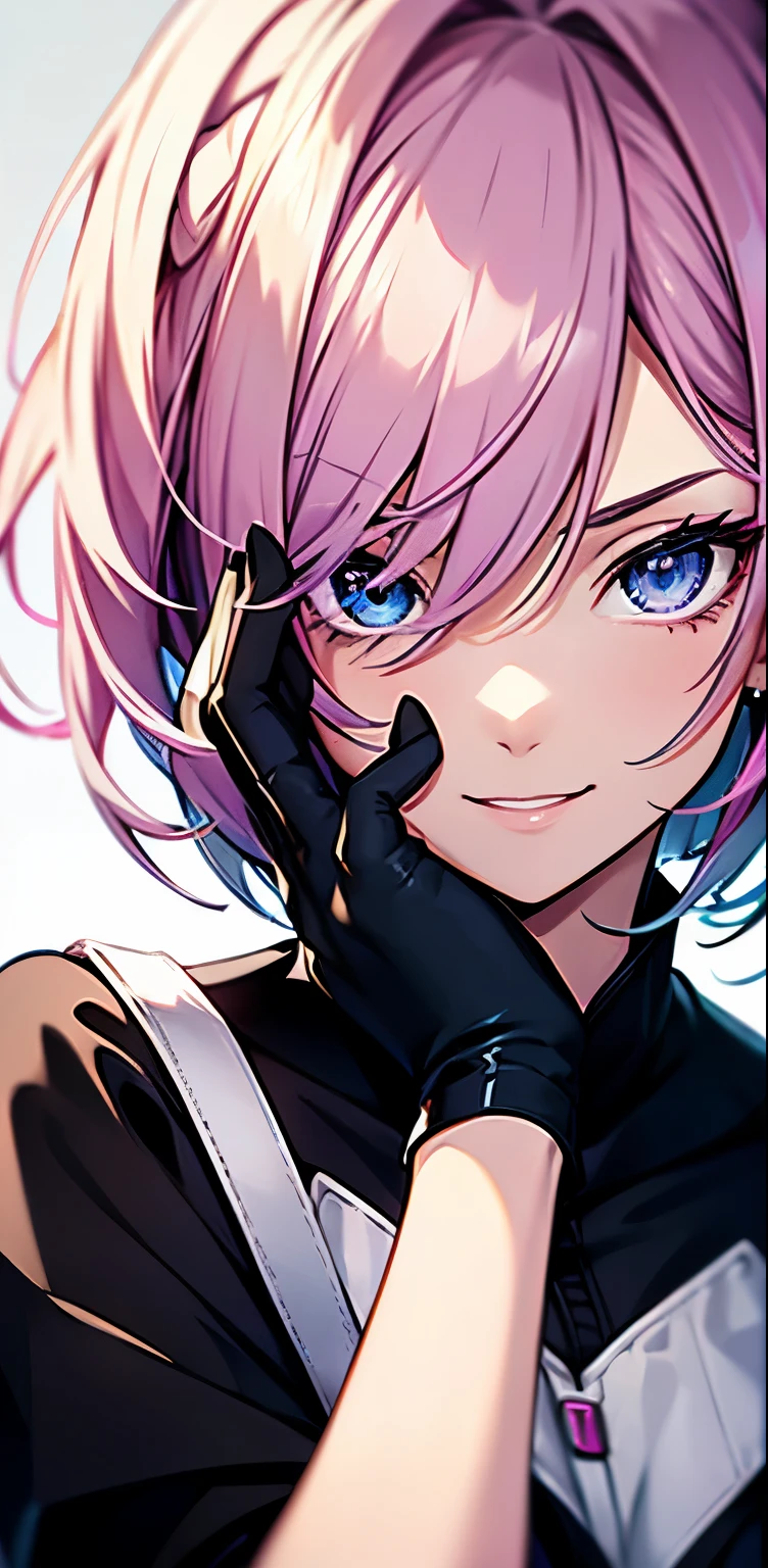 ahegao、whole body、mash kyrielight、short hair、purple eyes、pink hair、hair over one eye、gloves、bare shoulders、elbow gloves, armor、black armor、black armor、boots、smile、Ultra-detailed illustrations、Ultra-precise expression、masterpiece、Highest quality、ultra High resolution、High resolution、Hiromitsu Takeda Style、White background、Simple Background、whole body、One girl、solo、White Breath、Sweat、Glowing Skin、shiny skin、Front angle、View your viewers、stand、