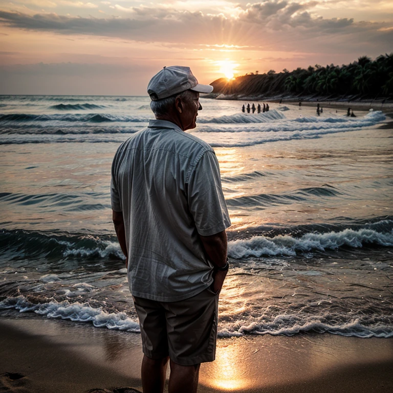 60 years old man , standing at the shore , watching the sunset