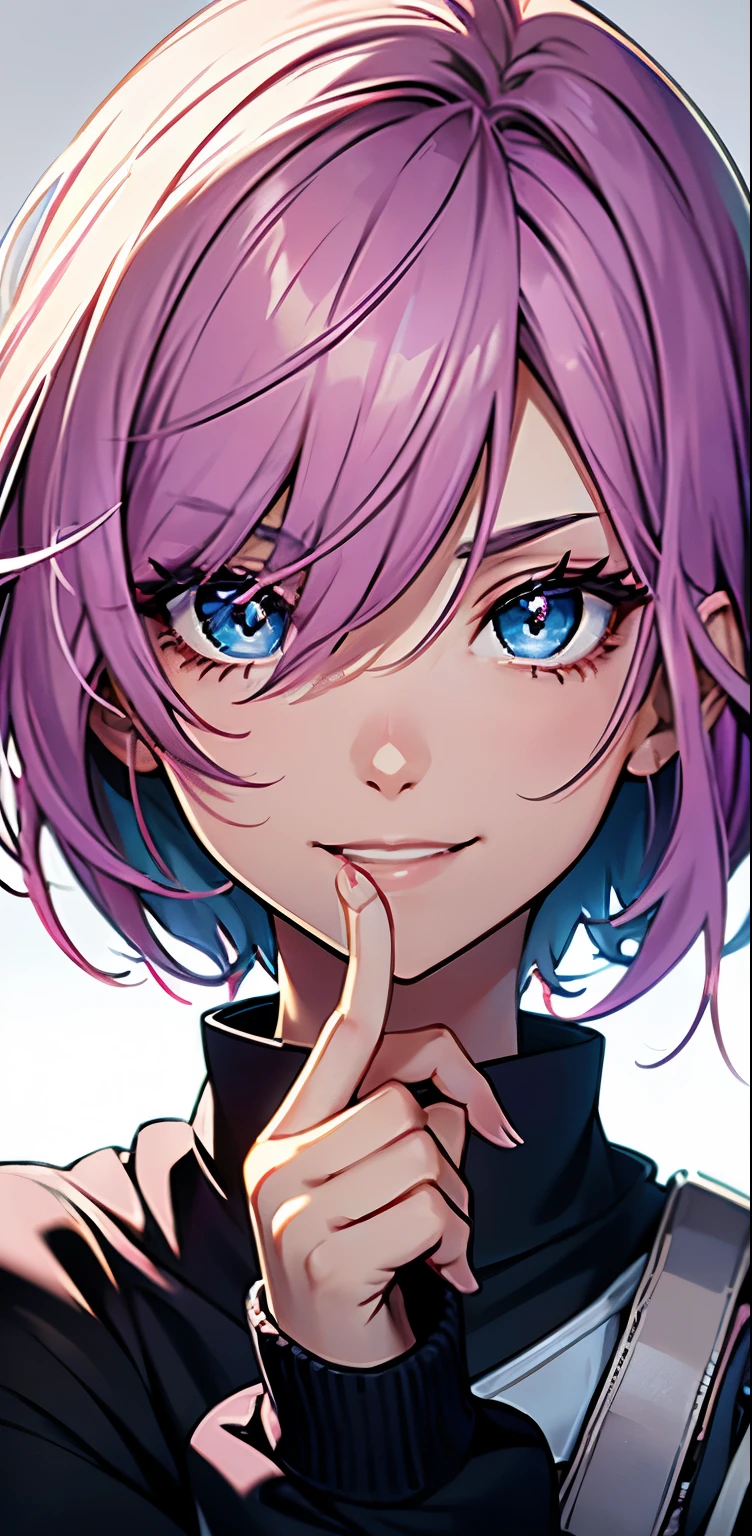 Realistic、1girl、fluorescence pink hair、blue eyes、(eye focus:1.3,face focus:1.3,upper body:1.5),(gradient eyes:1.3),(blouse)、smiley face,laugh with your mouth wide open,(happy:1.3),short hair、cute face,portrait,