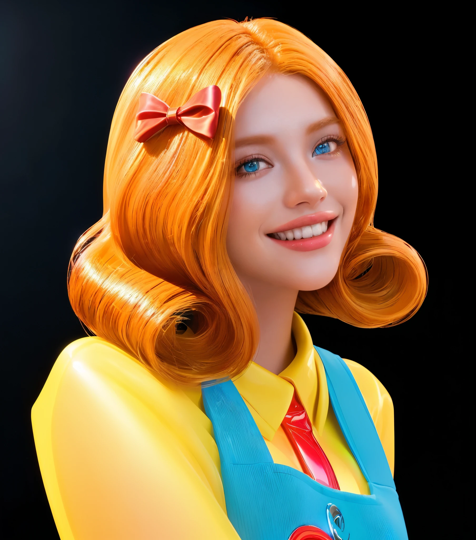 A cartoon girl with a huge smile and red hair is peeking out from a baby bag. laying on a blue background blanket., glossy texture, smooth 3d model, multiple light sources, rim light, sharp post effects render, (glossy plastic texture with multiple big light probe refractions), perfect cgi, smooth silhouette, high intensity refraction, (super glossy material), most beautiful vfx, blue background, plastic refractions, realistic, 4k, high resolution, rim light, photo shoot, commercial photo, profile shot, 4k, rim light, high resolution, 4k, glossy texture, smooth 3d model, multiple light sources, rim light, sharp post effects render, (glossy metallic texture with multiple big light probe refractions), perfect cgi, cgi art created only with gradients, smooth silhouette, high intensity refraction, (super glossy chrome material), most beautiful vfx, blue background, chrome metal refractions, multiple light sources, rim light, sharp post effects render, perfect cgi, digital art, detailed digital art, reflective, best quality, 4k, masterpiece:1.2, ultra-detailed, realistic, vivid colors, dark and moody lighting, The image of the highest quality, ensuring every detail showcased perfectly. It in 4k resolution, allowing viewers to immerse themselves in the richness of the colors and intricate details. The realistic rendering. under the spotlight, reflecting, high-resolution image, realistic rendering, dark background, and rim light photorealistic