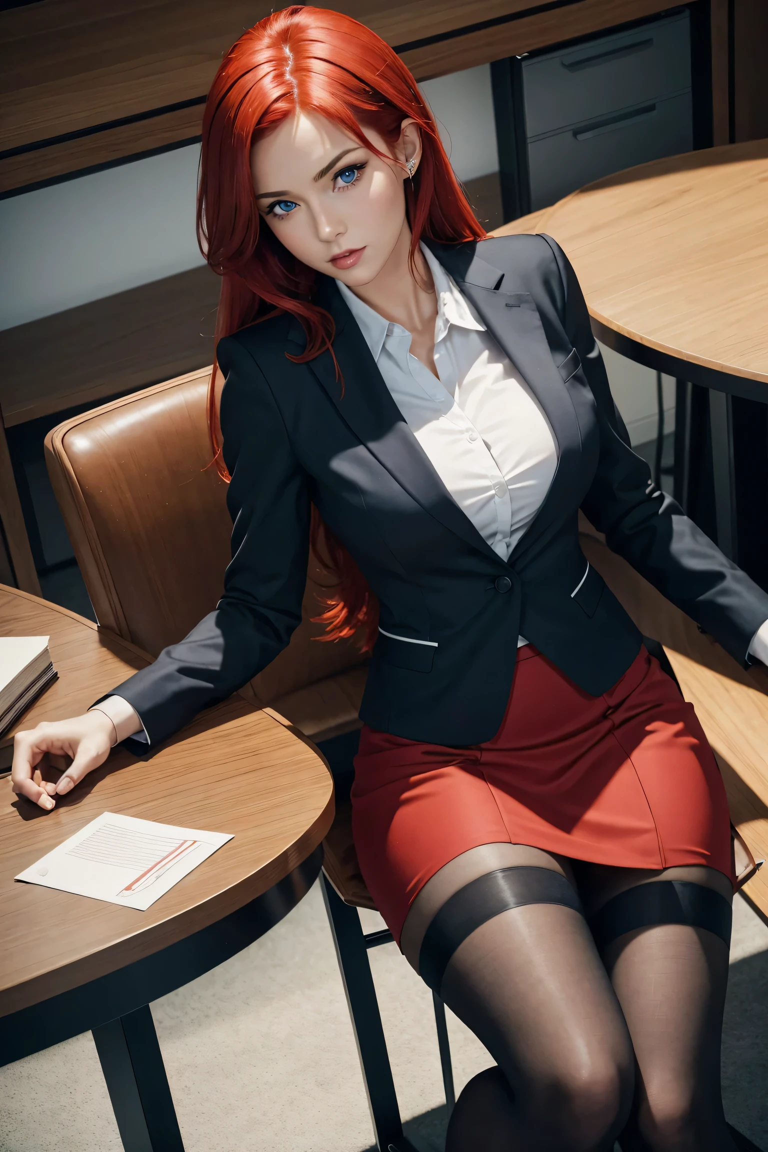 sexy female boss in the office, sitting in a chair at the table. she is wearing a strict red business suit and skirt. Stockings are visible in the cut of the skirt. .... She looks tenderly. She has blue eyes and red hair