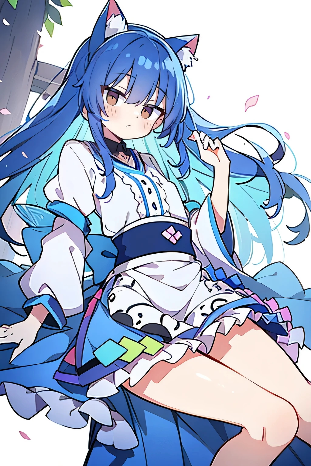 （masterpiece：1.2），Super detailed，lifelike，Expressive eyes，fair skin，perfect face shape，1 girl，
Japanese comics,Gorgeous blue hair,flowing blue hair,flowing clothes,Cat ears,Petals fall,beautiful lola,Baby Angel,
Shaking head with one hand，Lying gracefully on the ground，Cross your legs，Gentle and peaceful background，The pavilion is cool and comfortable,smile.