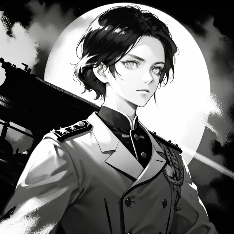 "Japanese officer, resistance era, WW2, looking at camera, eyes gleaming, intense gaze, military uniform, focused, historical, portrait, monochrome, dramatic lighting"