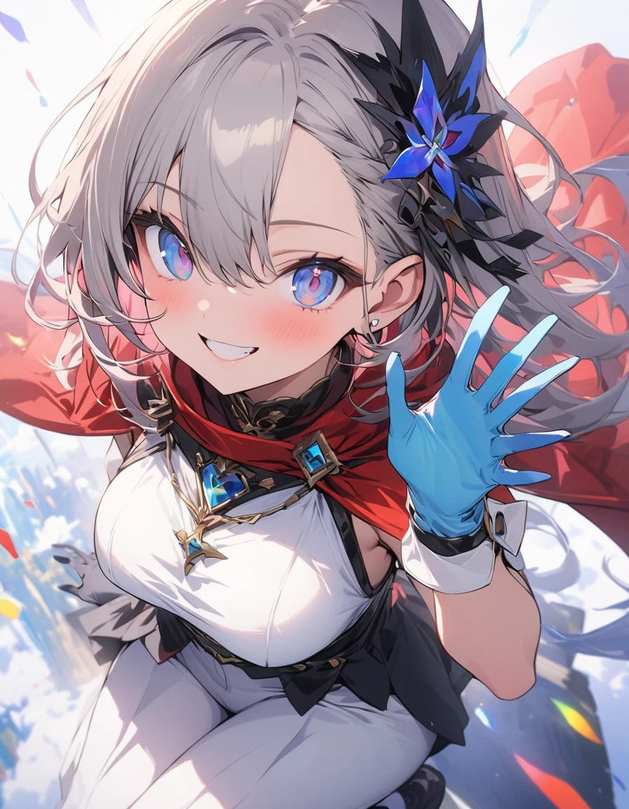 ,colorful,(masterpiece:1,2), highest quality, masterpiece, High resolution, original, 非常にDetailed壁紙, One girl ,smile,alone, Grey Hair, blue eyes, original_Costume,Red Cape,White pants, gloves, chest, uniform, valley、large chest、Sexy pose、animeスタイル、Flat Style、(eyes shining iridescent colors illuminated light,、More Beautiful Faces), BREAK,extremely detailed、(highest quality、masterpiece、High resolution、Detailed)、High saturation,Dynamic Angle、 8k, Super Detail, anime
