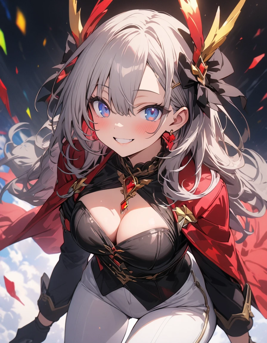 ,colorful,(masterpiece:1,2), highest quality, masterpiece, High resolution, original, 非常にDetailed壁紙, One girl ,smile,alone, Grey Hair, blue eyes, original_Costume,Red Cape,White pants, gloves, chest, uniform, valley、large chest、Sexy pose、animeスタイル、Flat Style、(eyes shining iridescent colors illuminated light,、More Beautiful Faces), BREAK,extremely detailed、(highest quality、masterpiece、High resolution、Detailed)、High saturation,Dynamic Angle、 8k, Super Detail, anime