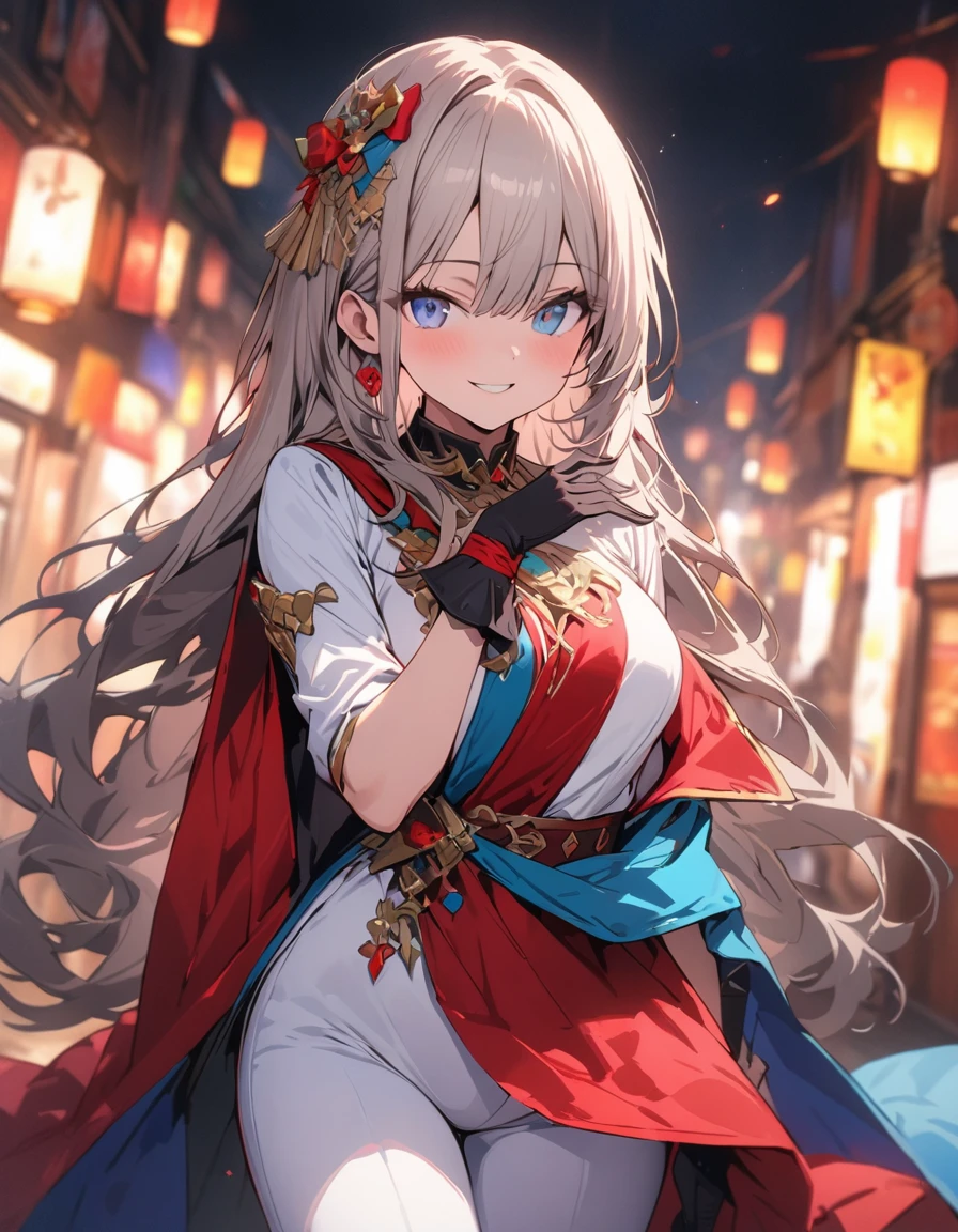 ,colorful,(masterpiece:1,2), highest quality, masterpiece, High resolution, original, 非常にDetailed壁紙, One girl ,smile,alone, Grey Hair, blue eyes, original_Costume,Red Cape,White pants, gloves, chest, uniform, valley、large chest、Sexy pose、animeスタイル、Flat Style、(eyes shining iridescent colors illuminated light,、More Beautiful Faces), BREAK,extremely detailed、(highest quality、masterpiece、High resolution、Detailed)、High saturation,Dynamic Angle、 8k, Super Detail, anime