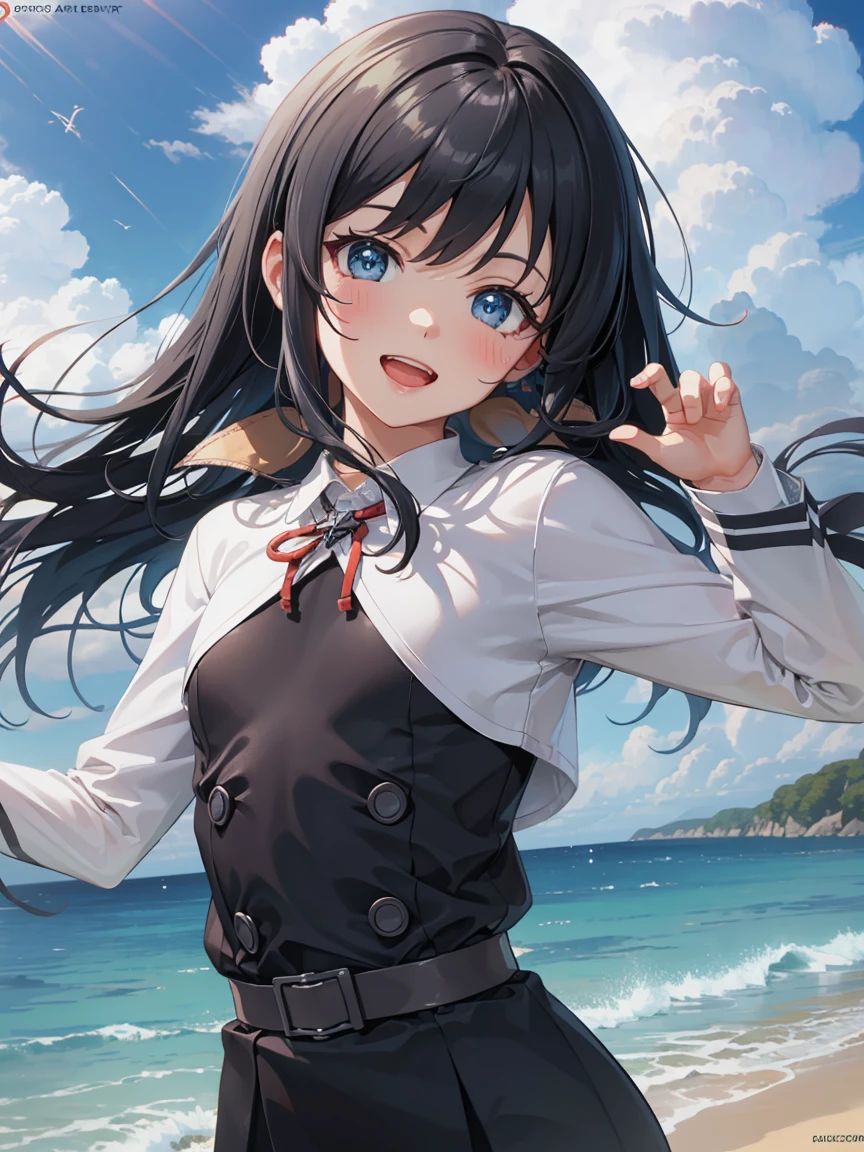 asashioknd, white shirt, black dress, pinafore dress, neck ribbon, long sleeves, black pantyhose, belt, (small breasts:1.2), (little body:1.2), (short stature:1.2), 1 little gilr , solo,
BREAK 
(sfw), , head tilt, puff out your chest, put hand on breast
BREAK
(smile), blush, (open your mouth:1.3), happy
BREAK
official art, best masterpiece, best quality, best resolution, 8K, best detailed, highly detailed hands, highly detailed fingers, very detailed mouth, perfect anatomy
BREAK
(sea, on the sea, sky), dust, dust, light particles, facing to viewer, , very fine and detailed 16KCG wallpapers