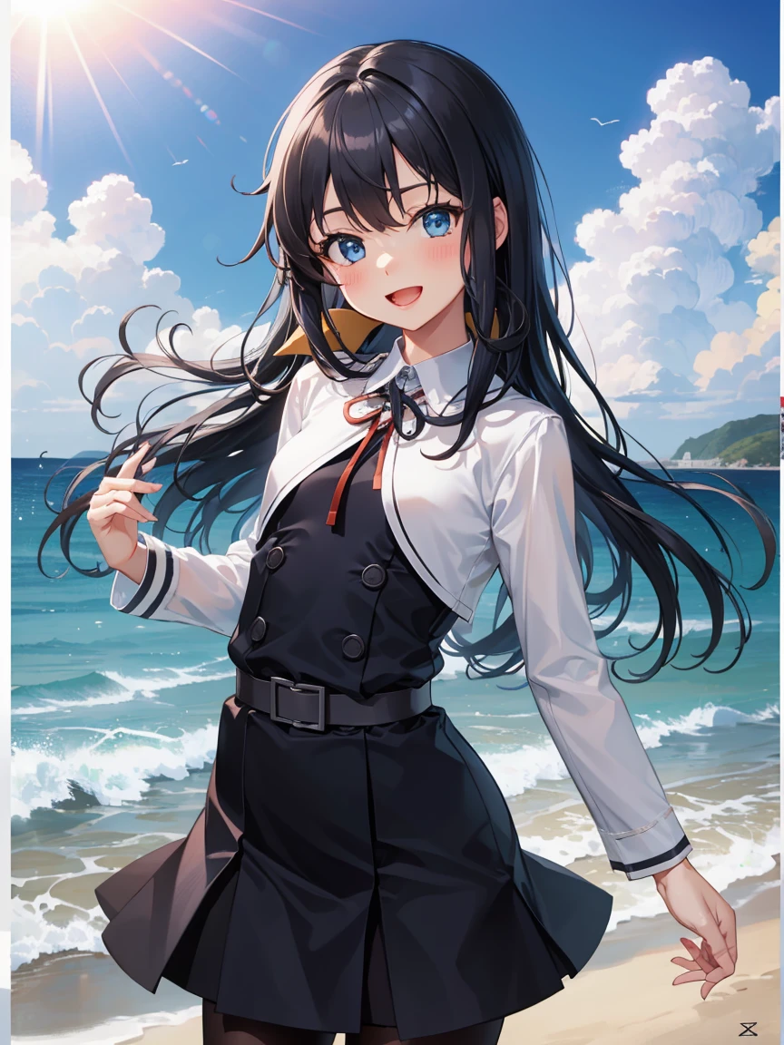 asashioknd, white shirt, black dress, pinafore dress, neck ribbon, long sleeves, black pantyhose, belt, (small breasts:1.2), (little body:1.2), (short stature:1.2), 1 little gilr , solo,
BREAK 
(sfw), , head tilt, puff out your chest, put hand on breast
BREAK
(smile), blush, (open your mouth:1.3), happy
BREAK
official art, best masterpiece, best quality, best resolution, 8K, best detailed, highly detailed hands, highly detailed fingers, very detailed mouth, perfect anatomy
BREAK
(sea, on the sea, sky), dust, dust, light particles, facing to viewer, , very fine and detailed 16KCG wallpapers