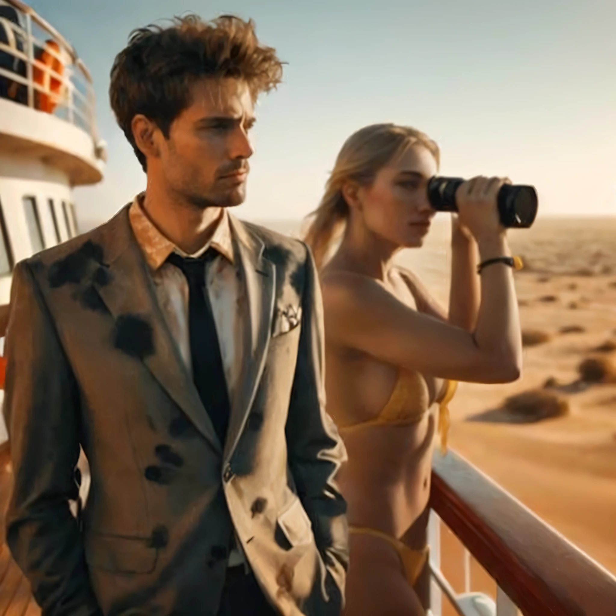 arafed man and woman standing on a deck looking at the ocean, by Vincent Lefevre, on a boat, for gq, inspired by Vincent Lefevre, on a super yacht, on a yacht at sea, in style of joel meyerowitz, ( ( mads berg ) ), gold suit, photography alexey gurylev